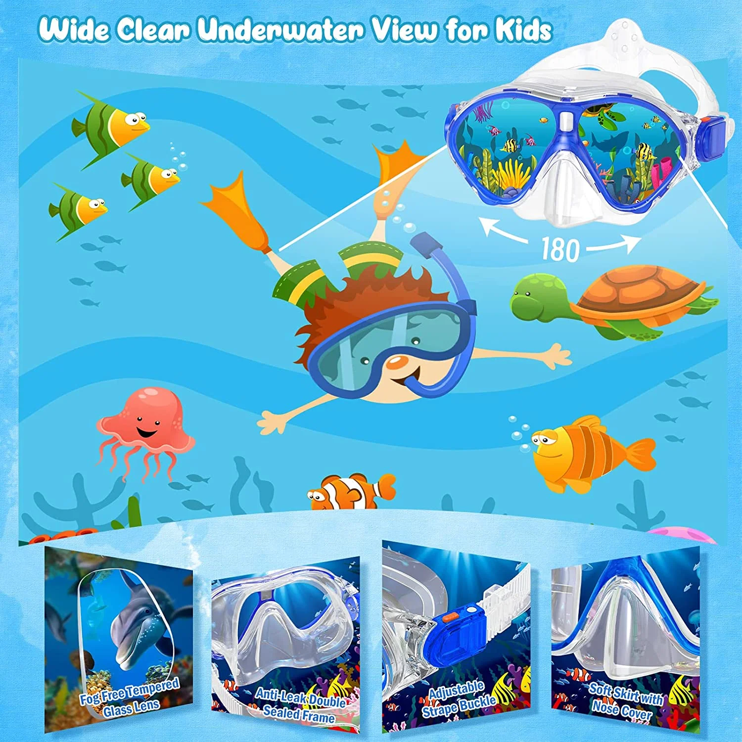 Greatever  Seovediary Kids Snorkel Set, Mask Fins Snorkeling Gear for Kids Anti-Fog Swim Goggles 180 Panoramic View Dry Top Snorkel and Dive Flippers Combo with Travel Bag for Snorkeling Training Swim