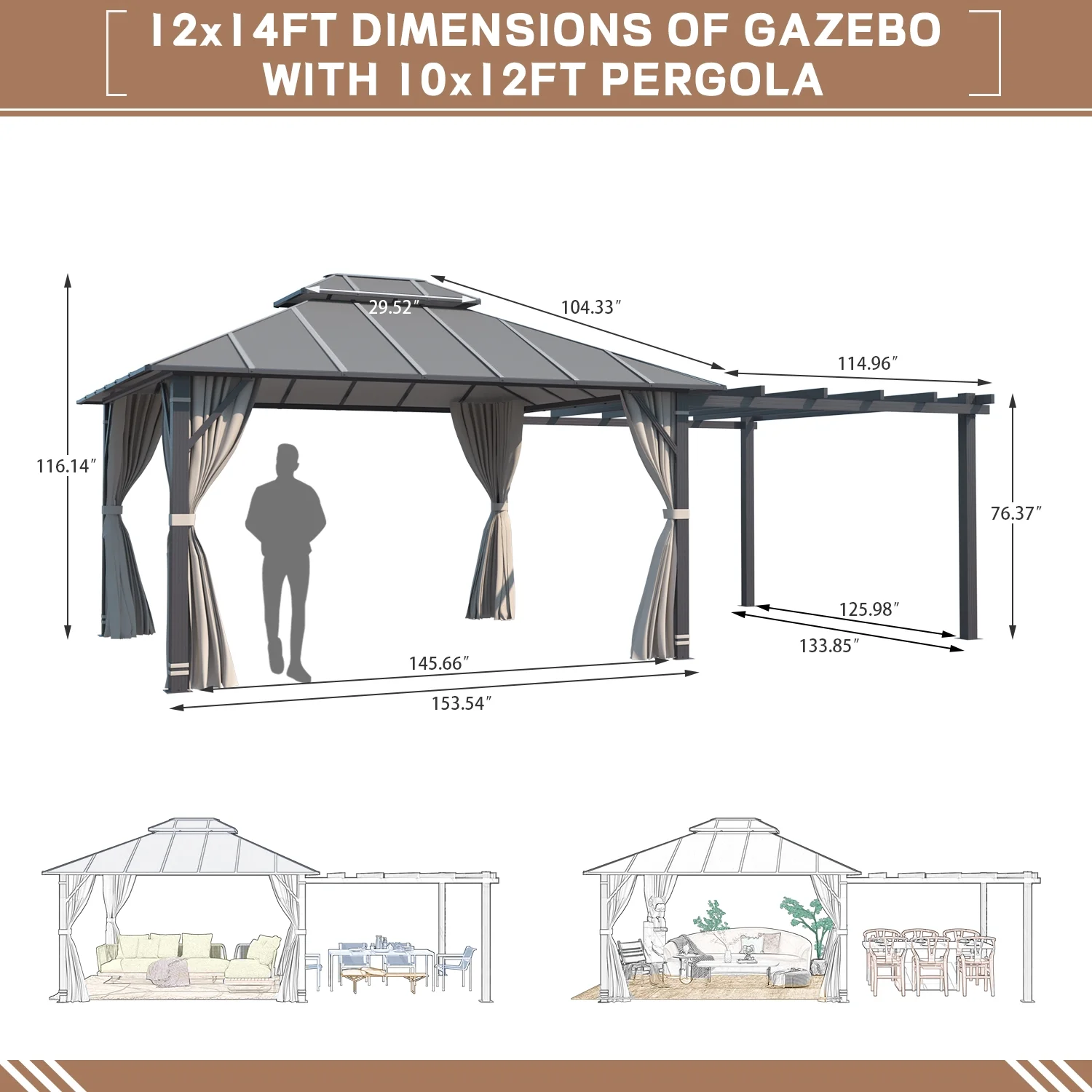 Yoleny 12'x14' Permanent Hardtop Gazebo with 12'x10' Outdoor Pergola, Metal Steel Canopy with Aluminum Composite Roof for Patio Lawn and Garden, Curtains and Netting Included, Blue