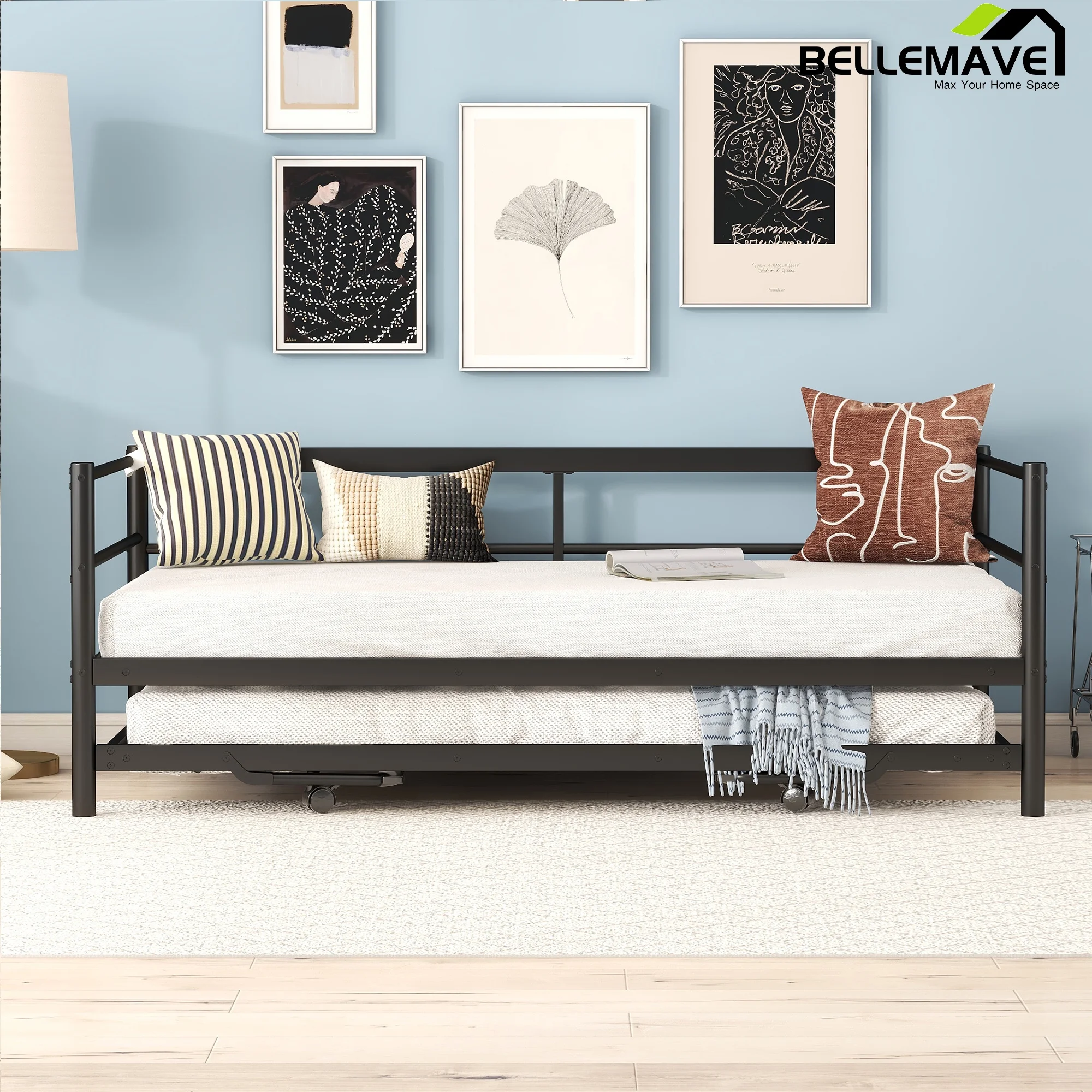 Bellemave Metal Daybed with Trundle/Pop Up Trundle, Twin Size Daybed with Adjustable Trundle for Kids, Girls,Boys(Black)