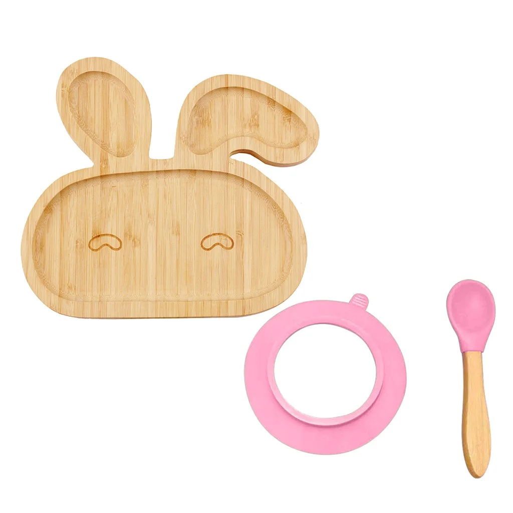 Baby Toddler Sheep Plate Silicone Suction Feeding Bowl Suction Spoon Set Pink