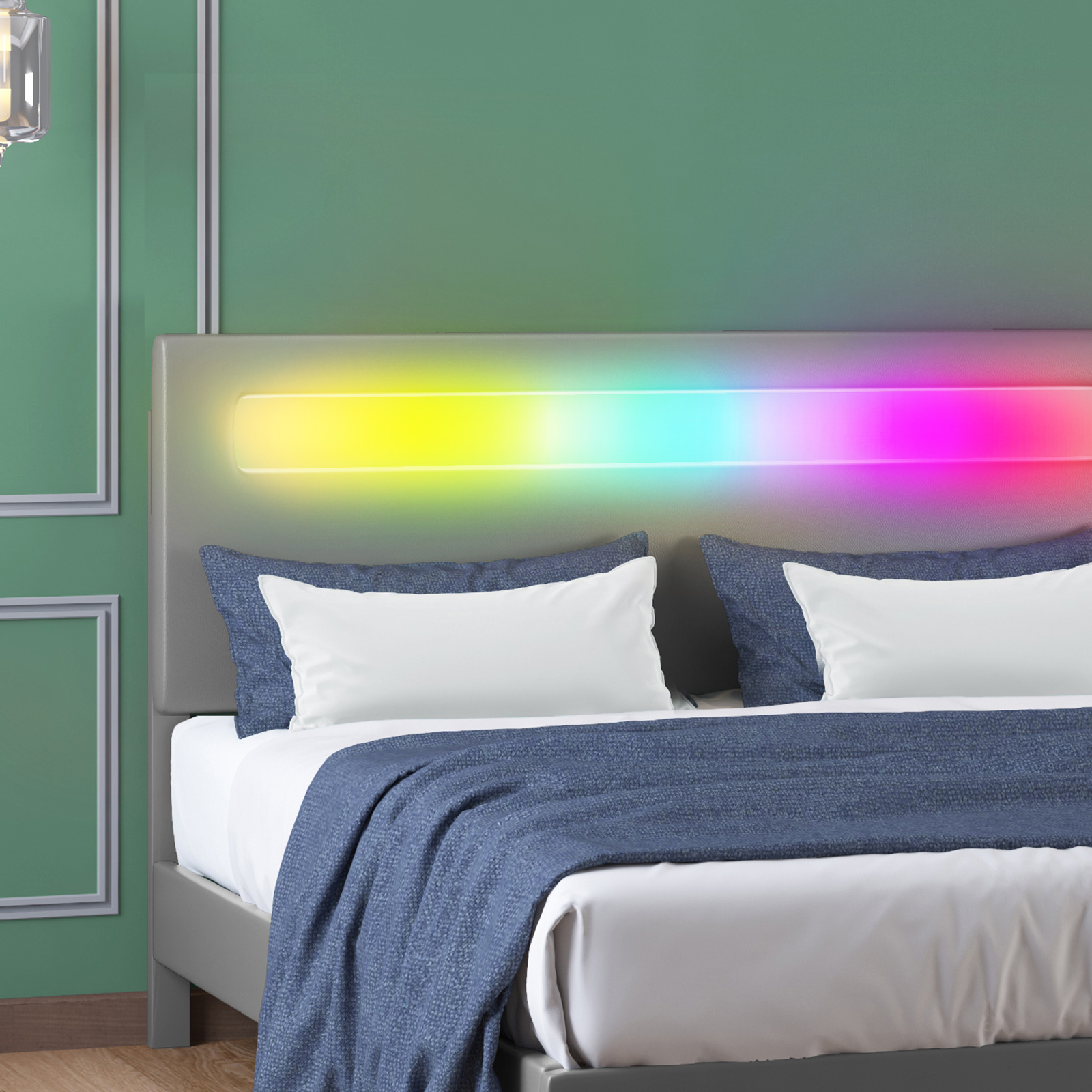 ijuicy Platform Bed Frame with Smart RGB LED Light Bar, King Size Bed Frame with Headboard, Compatible with Alexa or Apps (Full, Grey)