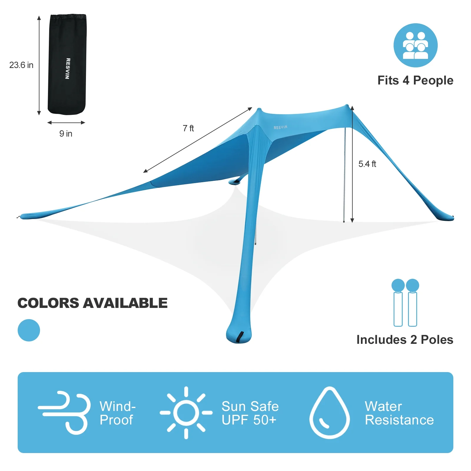 Family Beach Tent with Aluminum Poles, Pop Up Beach Sunshade with Carrying Bag (Blue, 7X7 FT)