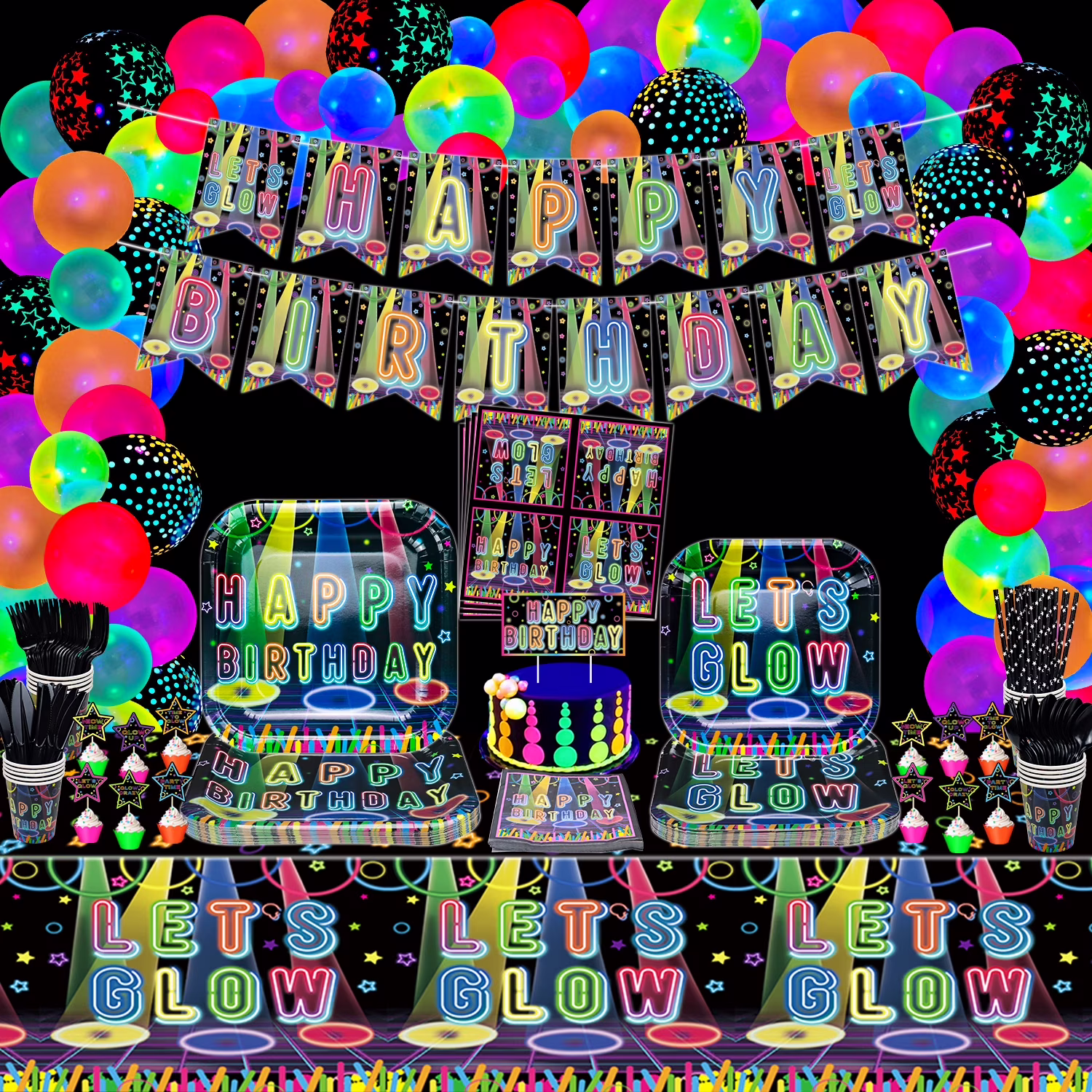 Glow Neon Party Supplies, include Glow in the Dark Happy Birthday Banner, Neon Balloons, Tablecloth, Plates, Cups, Napkins, Cake Toppers for Glow in The Dark Birthday Party Supplies, Serves 20 Guests