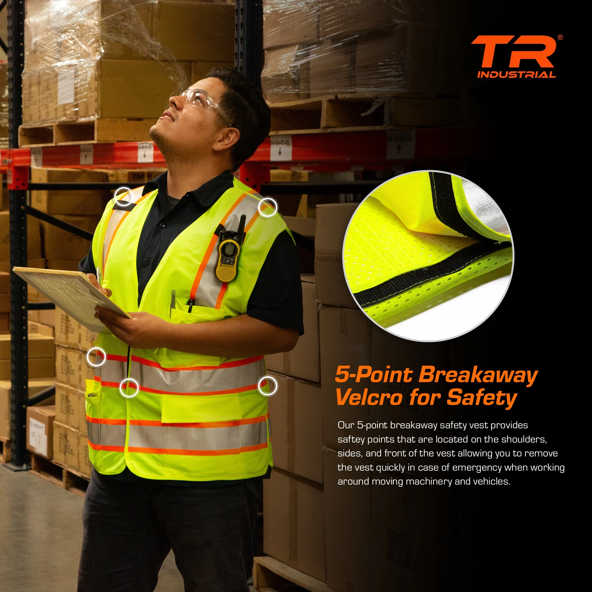 TR Industrial 5-Point Breakaway High Visibility Safety Vest, Type R Class 2, Size L