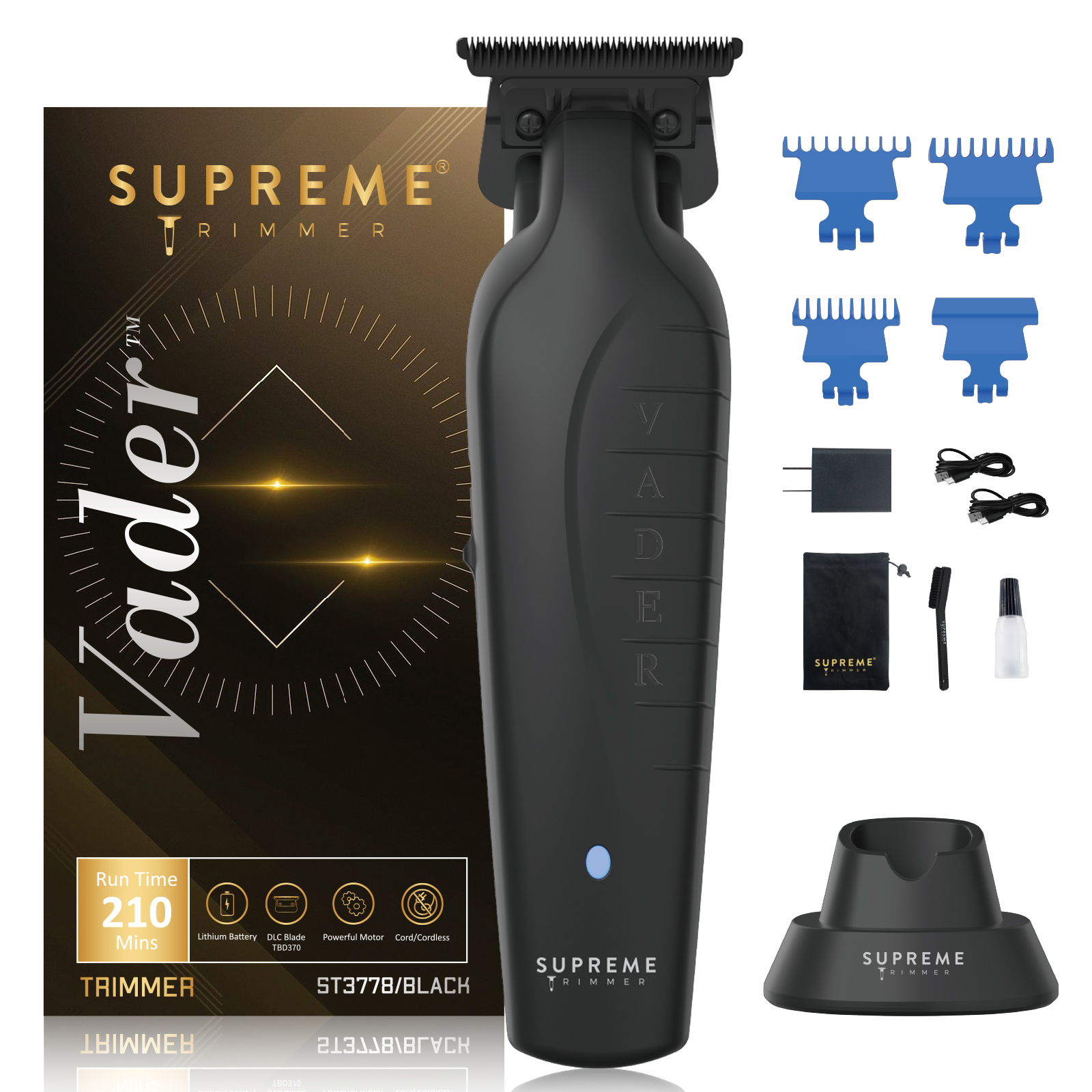 Supreme Trimmer Vader Trimmer ST3778 | 210 Min Run Time DLC T-Blade Cordless Barber Liner | Mens Beard Trimmer Hair Clippers | Black