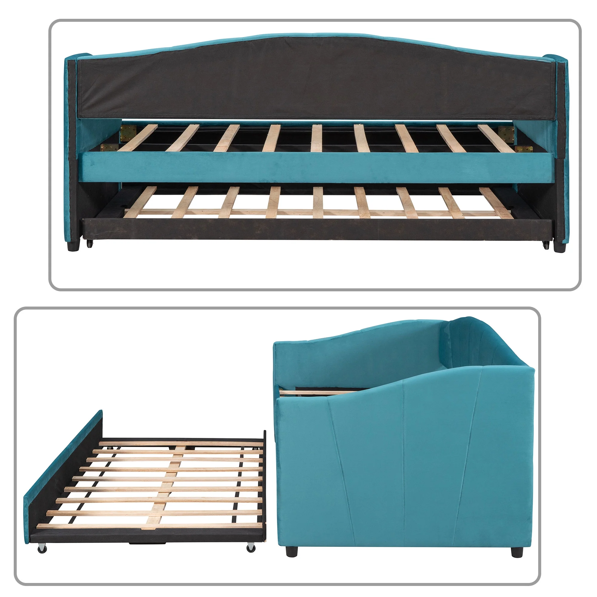 Elegant Twin Size Velvet Fabric Upholstered Daybed with A Trundle, Blue