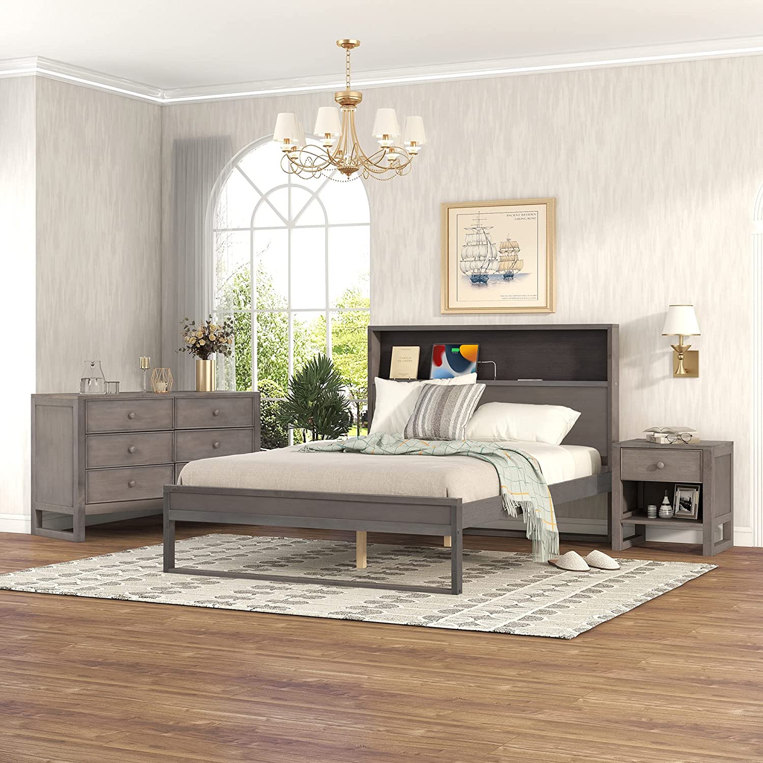 Bedroom Sets, 3 Piece Bedroom Sets With Full Size Platform Bed, Nightstand And Dresser, Solid Pine Wood Framhouse Bed Room Set, Full Bedroom Sets, Antique Gray