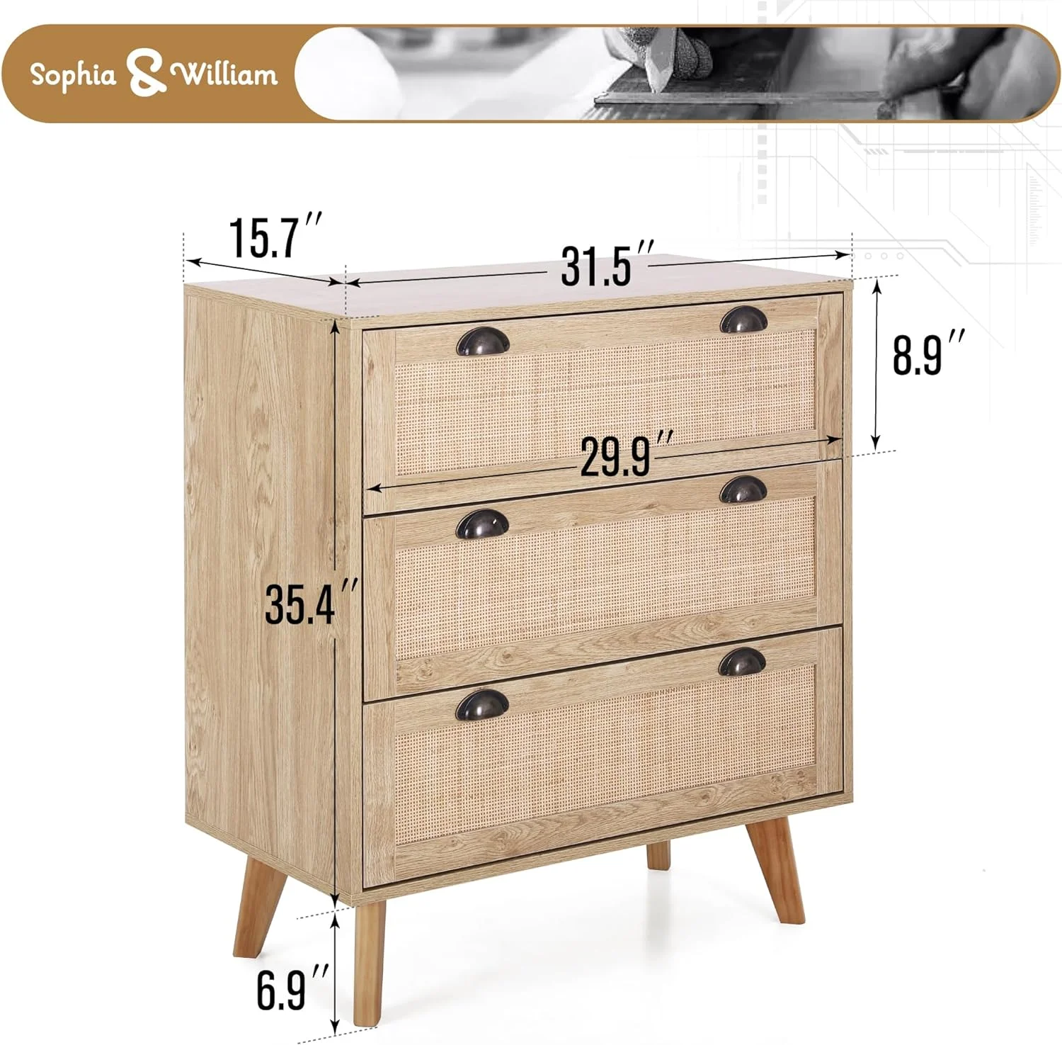 RUNFAYBIU Sophia & William Rattan Dresser 3 Drawer Dresser Rattan  Cabinet