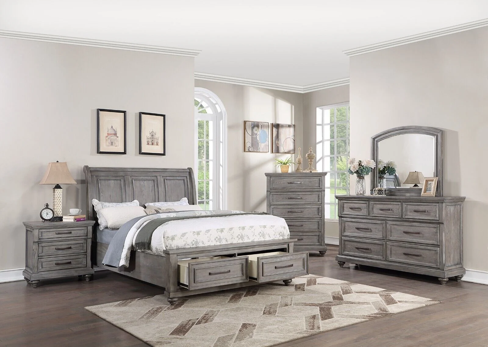 Contemporary Grey Hues Veneer 6pc Bedroom Furniture Queen Size Bed Dresser Mirror 2x Nightstands Chest Storage FB Plywood