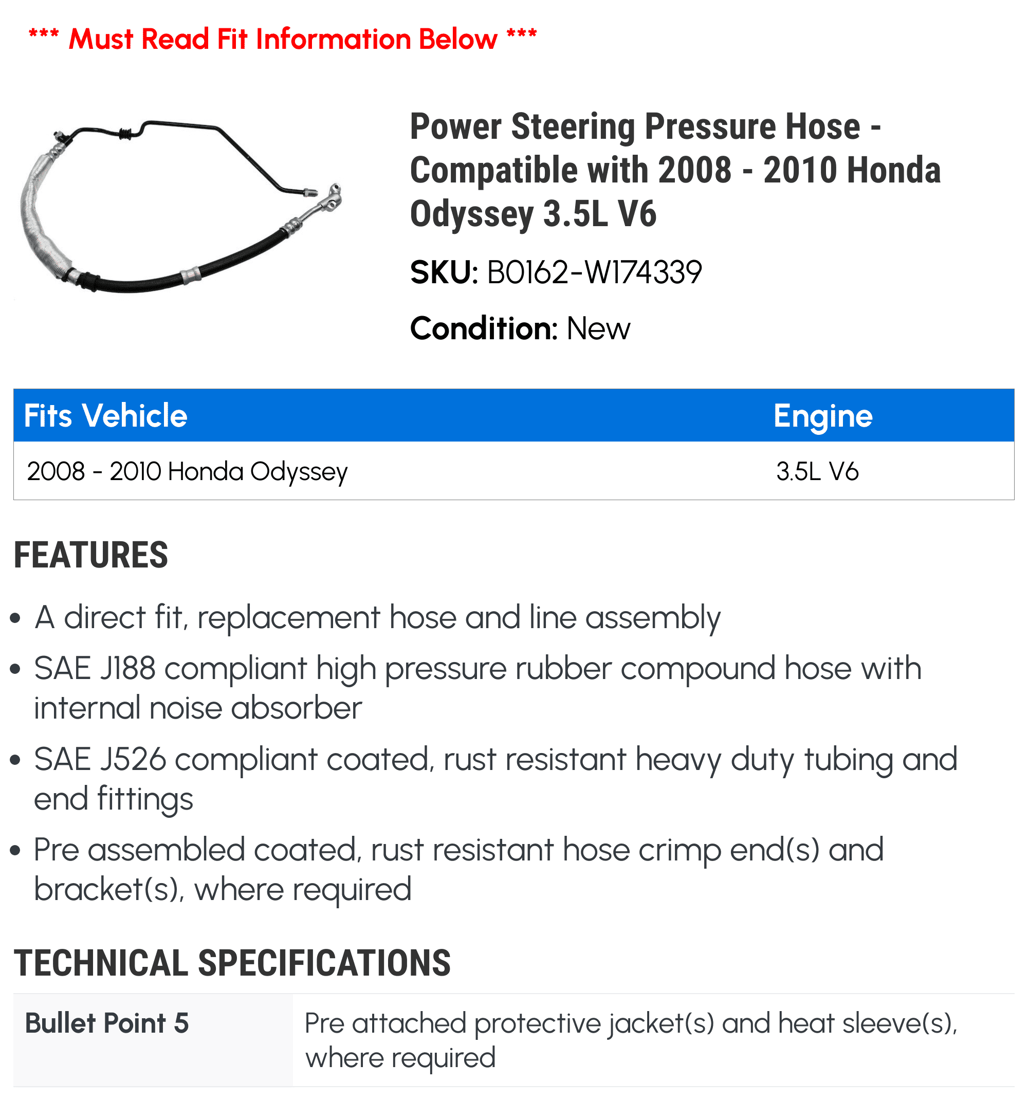 Power Steering Pressure Hose - Compatible with 2008 - 2010 Honda Odyssey 3.5L V6 2009