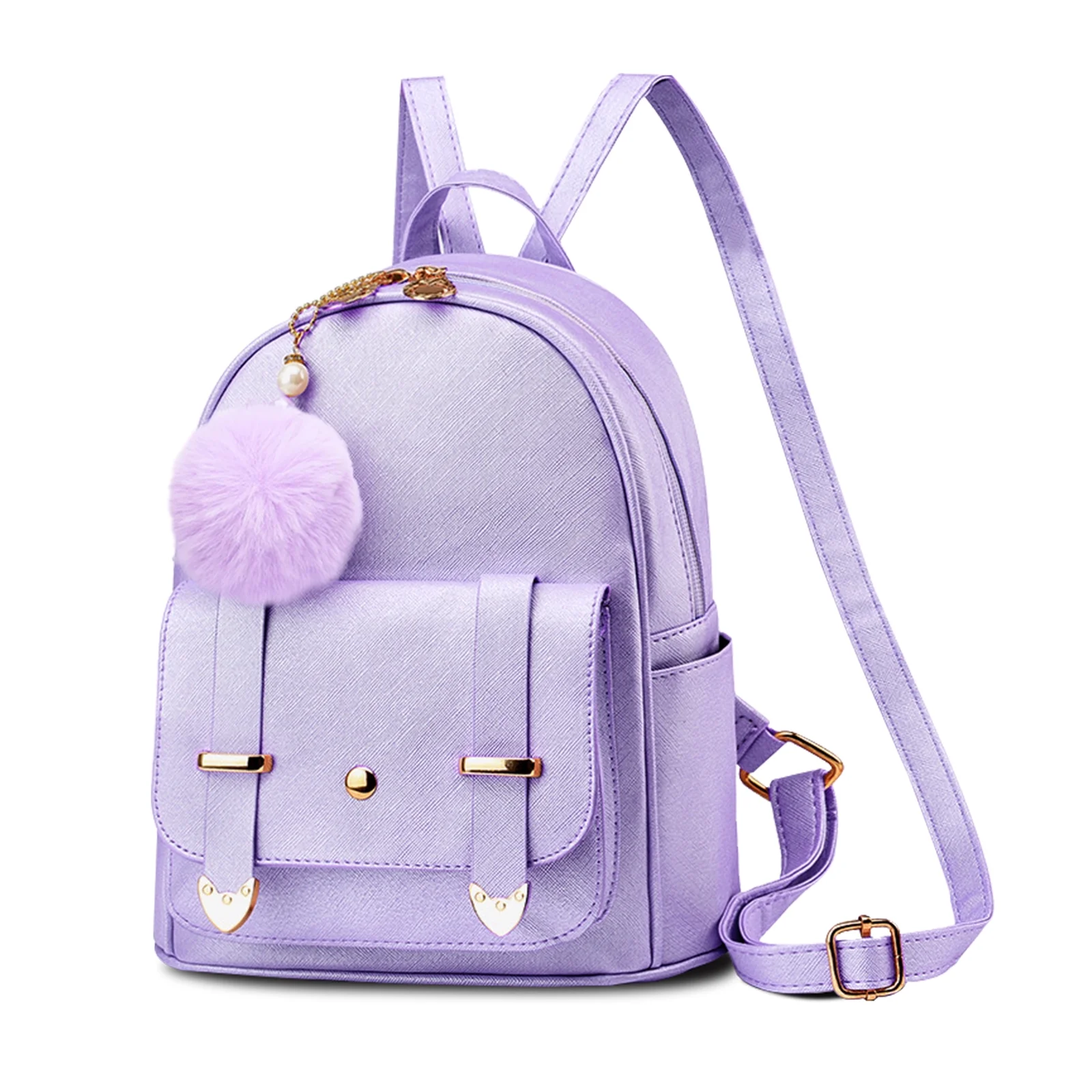 Girls Fashion Backpack Mini Backpack Purse for Women Teenage Girls Purses PU Leather Pompom Backpack Shoulder Bag Purple
