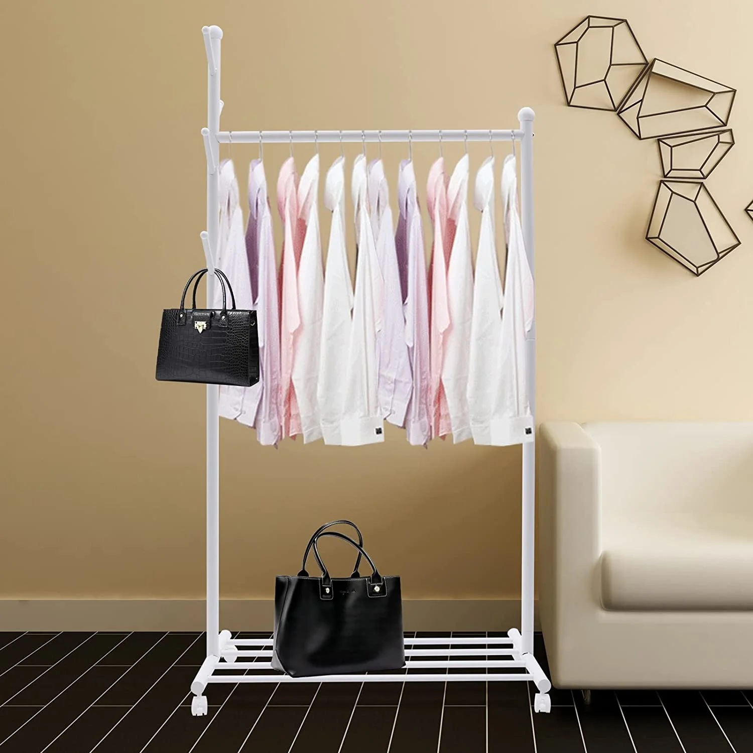 Miumaeov 3-in-1 Clothes Hanging Rack, Rolling Garment Free-standing Clothes Rack with Top Rod, Lower Storage and 5 Hooks, Lockable Wheels, Rolling Clothes Rack (White)