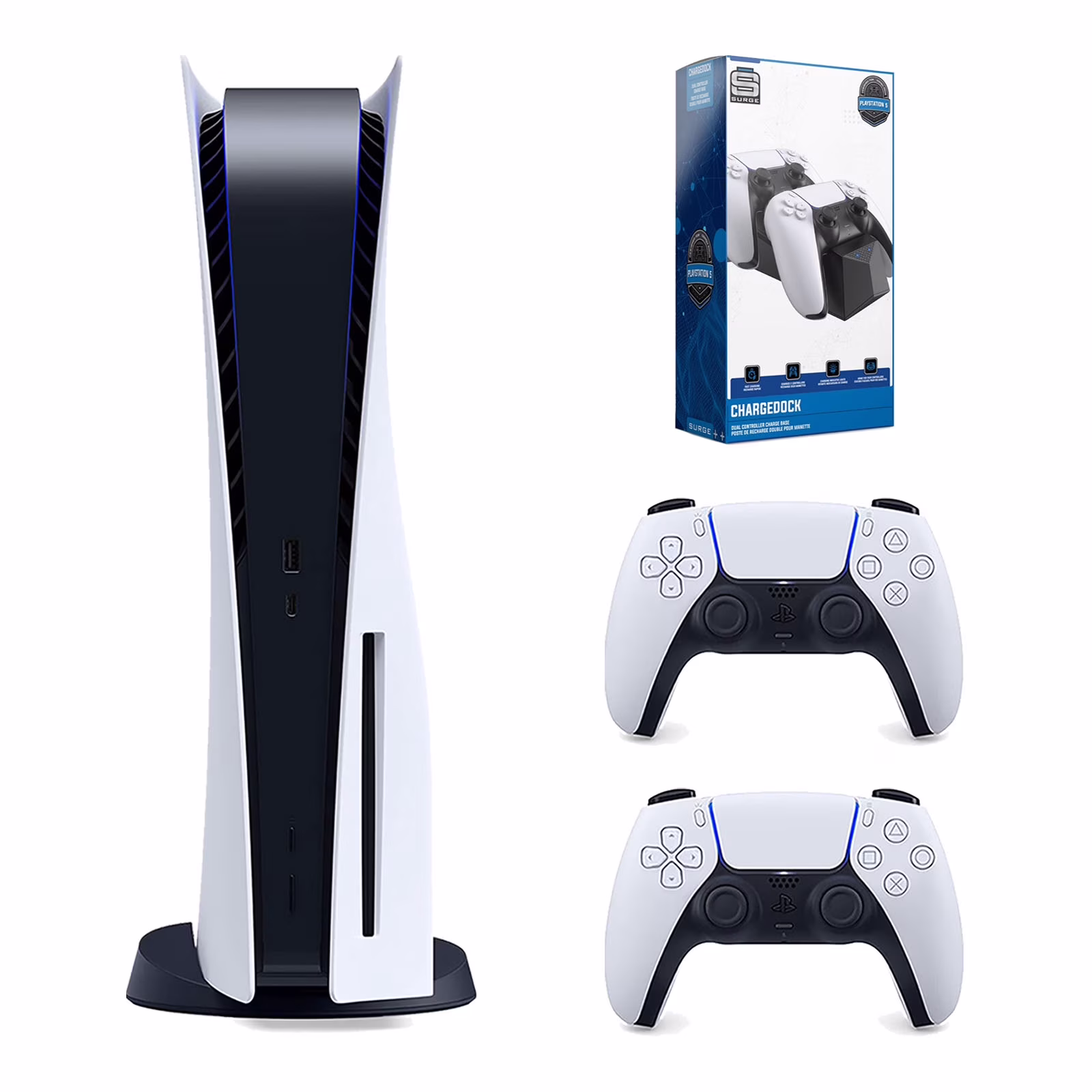 Sony Playstation 5 Disc Version Console with Extra White Controller and Surge Dual Controller Charge Dock Bundle