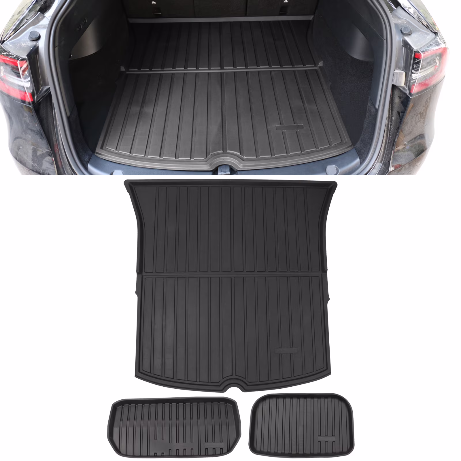 Ikon Motorsports Trunk Mats Cargo Liner Compatible with 2020-2023 Tesla Model Y Black Injection TPE All Weather Waterproof Anti-Slip Frunk Trunk Under Cargo Storage Liner Mat Interior Accessories