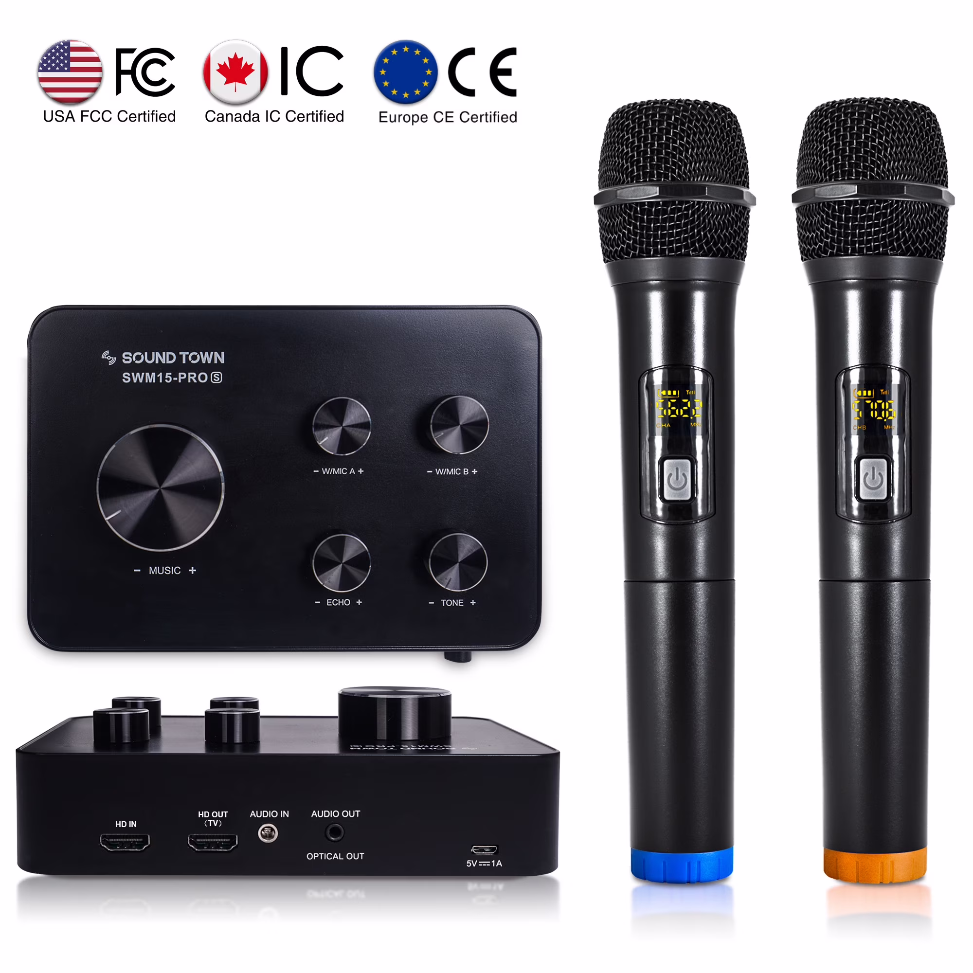 Sound Town SWM15-PROS Wireless Microphone Karaoke Mixer System with Supports HDMI ARC, Optical (Toslink), Smart TV, Media Box, PC, Bluetooth, Soundbar, Receiver, AUX