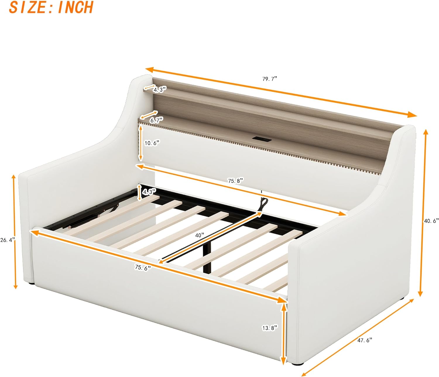 Upholstered Daybed With Storage, Lift Up Storage Bed Size Daybed With Hydraulic Storage, Leather Daybed With Chargig Statio Ad LED Lights,White