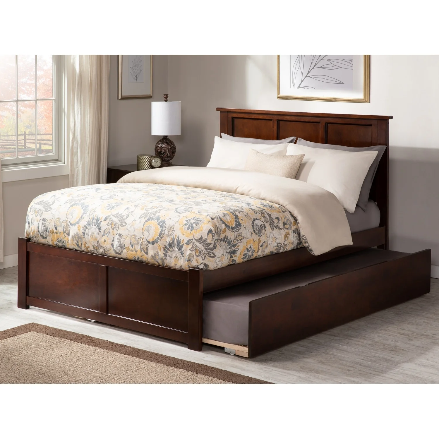 AFI Madison Full Platform Bed with Footboard and Twin Trundle in Walnut