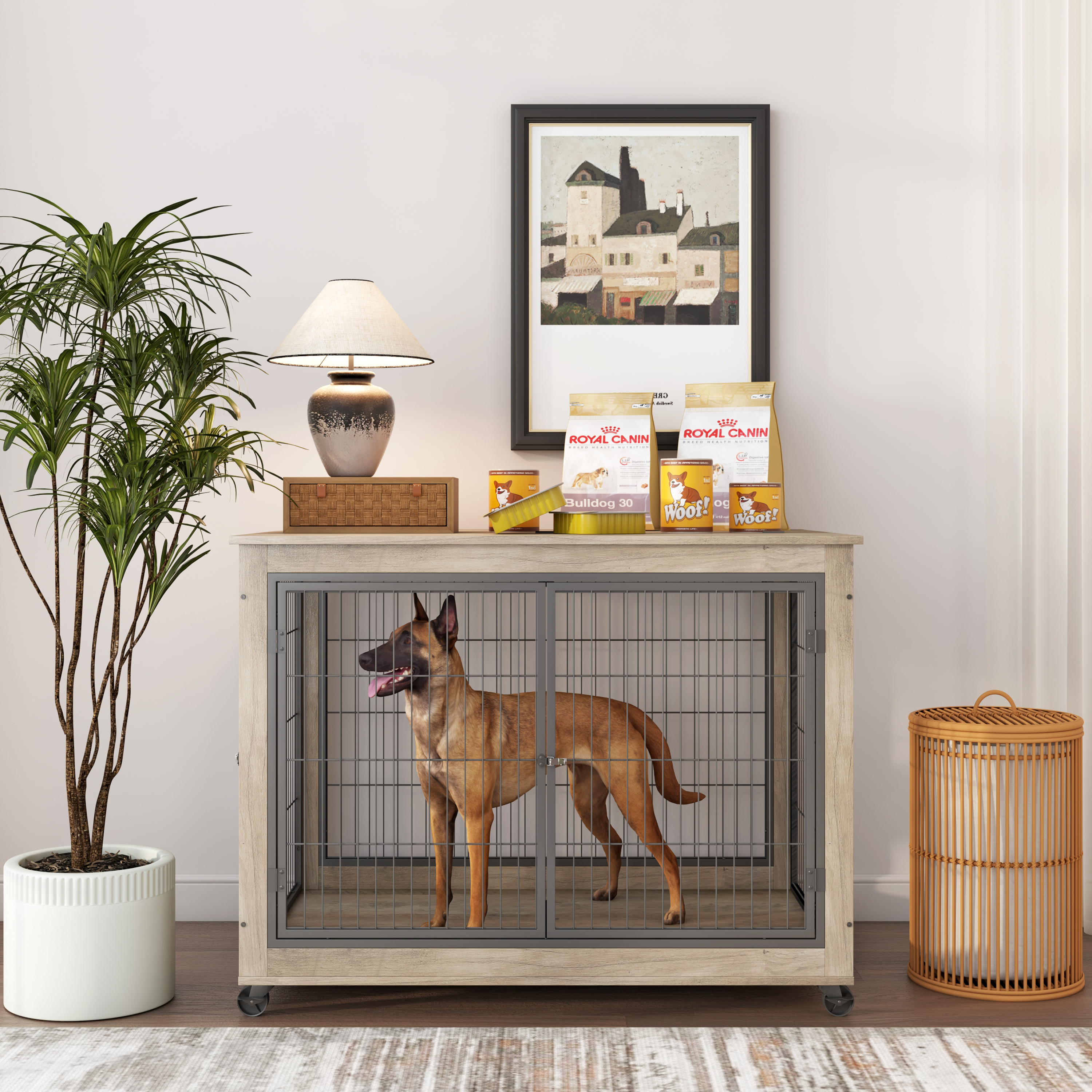 Furniture Style Dog Crate Side Table on Wheels with Double Doors and Lift Top.（Grey,43.7’’w x 30’’d x 31.1’’h）