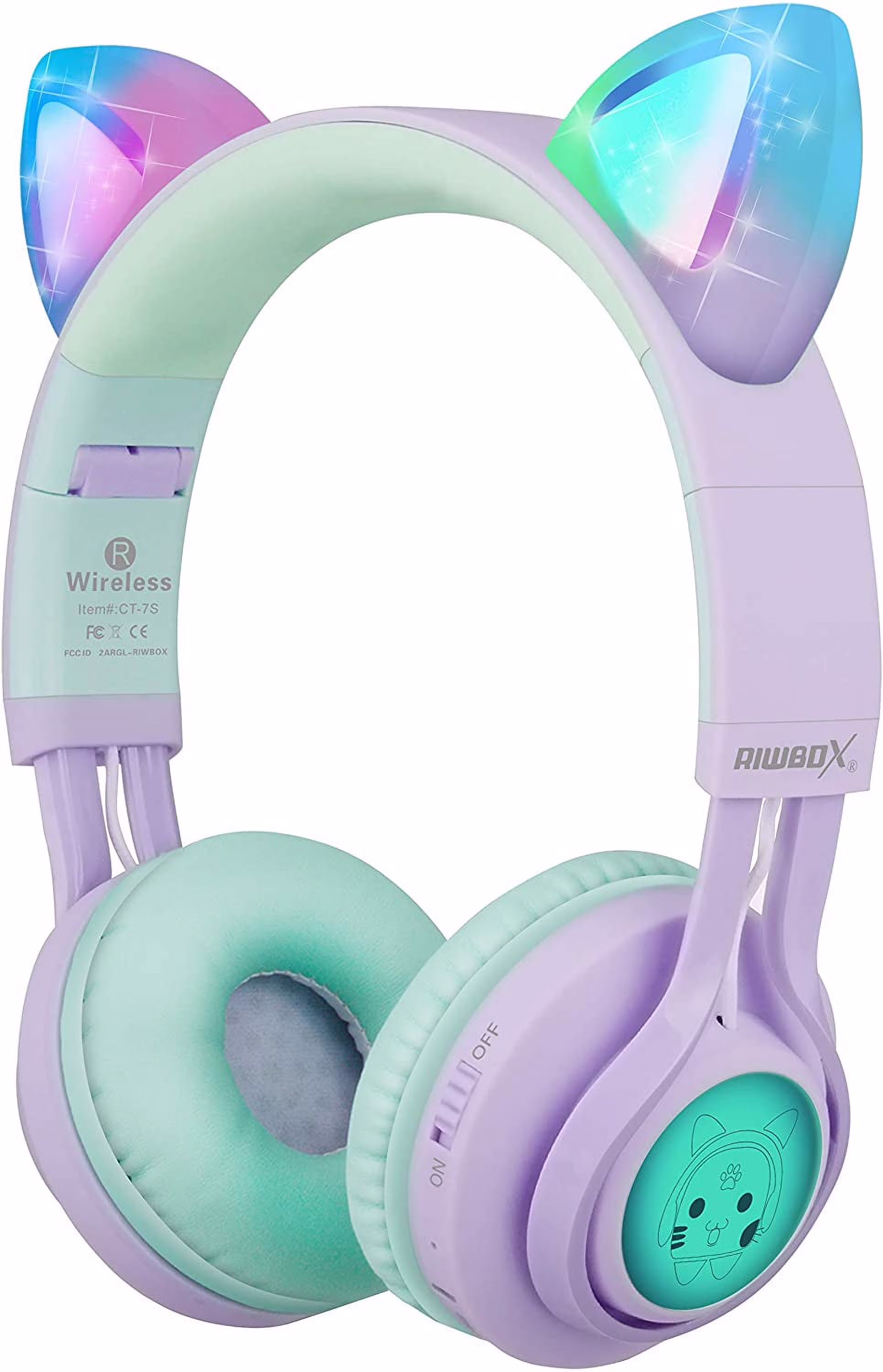 Riwbox Kids Wireless Headphones, CT-7S Cat Ear Bluetooth, 85dB Volume Limiting, LED Light Up Over Ear with Microphone for Laptop/PC/TV (Purple&Green)