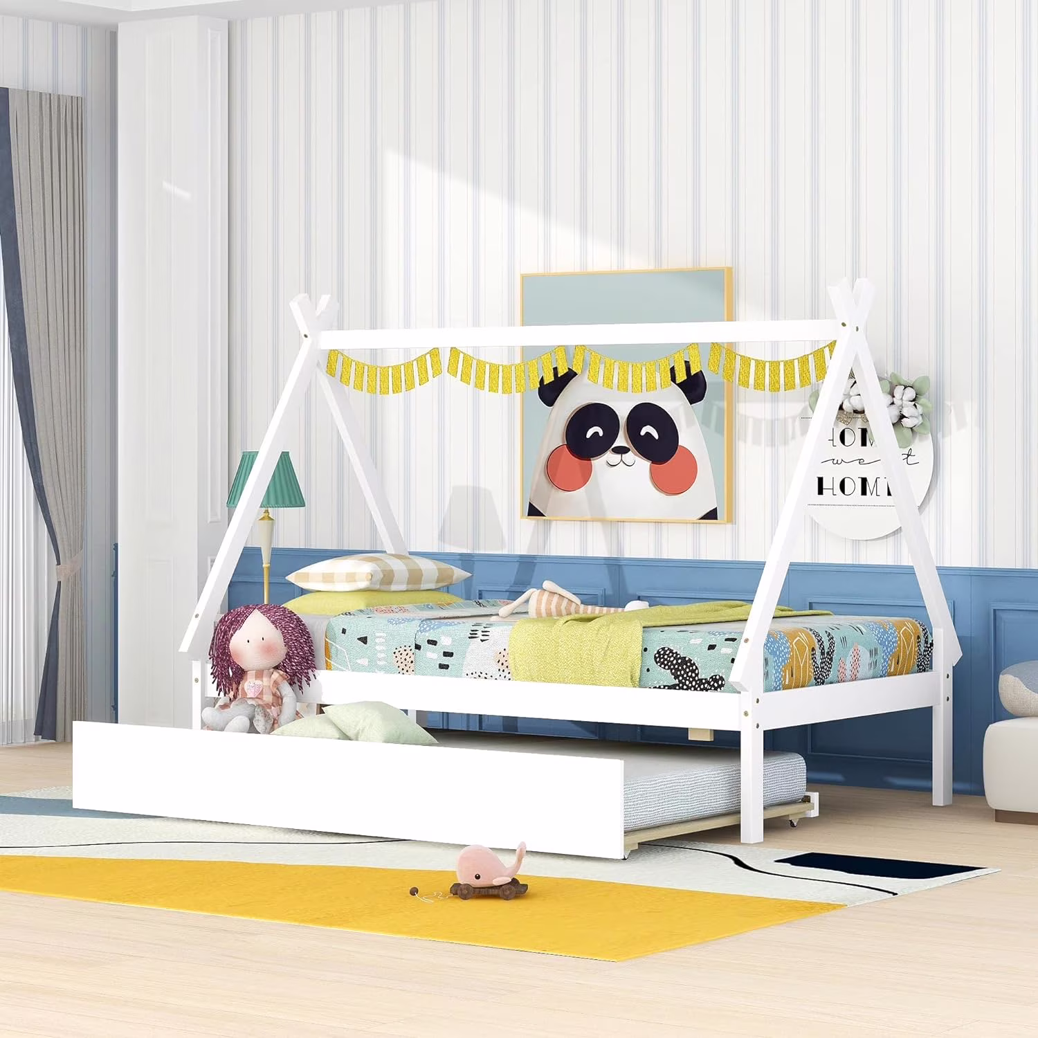 Size Tet Bed For Kids, Teepee Bed Frame With Trudle,Wood Motessori Bed For Girls Boys Bedroom Furiture, White