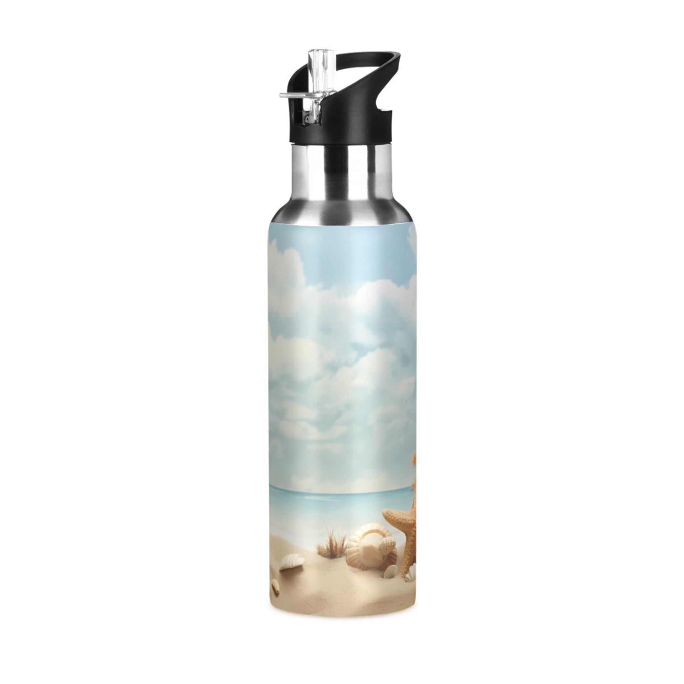 Seashells on Beach with Sky Water Bottles Insulated Thermos Kids Stainless Steel Bottle with Straw Lid Flask Leakproof for Sports Gym 20 oz