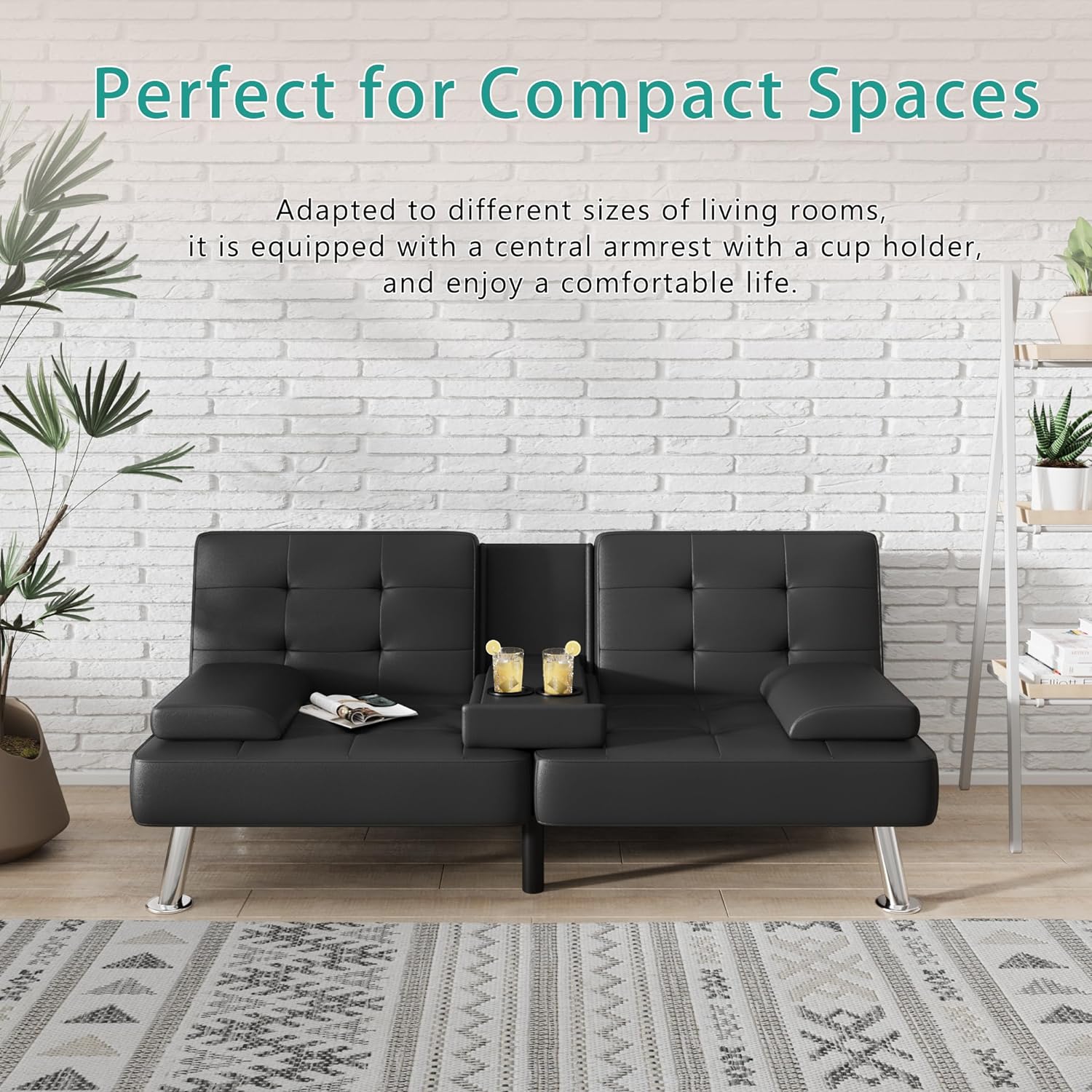 YOJFOTOOU. Futon Sofa Bed Modern Faux Leather Couch, Convertible Folding Futon Couch Recliner Lounge for Living Room with 2 Cup Holders with Armrest (Faux Leather, Black)