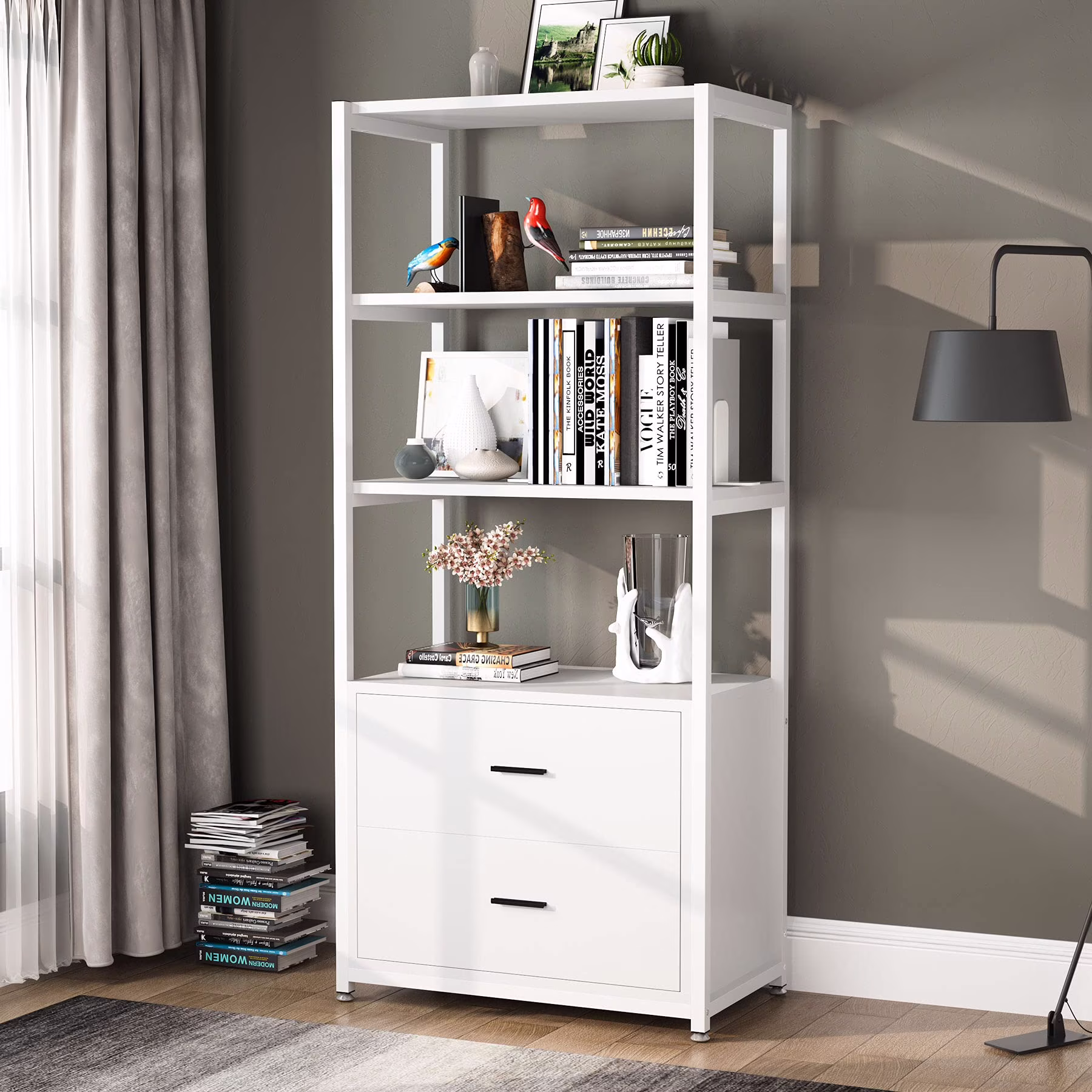 Tribesigns Bookcase with 2 Drawers, 4-Tier White Bookshelf  for Home Office
