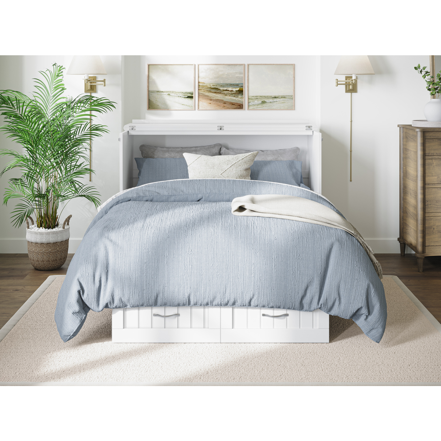 Nantucket Full Size Murphy Bed Chest with Mattress and Built-in Charger in White