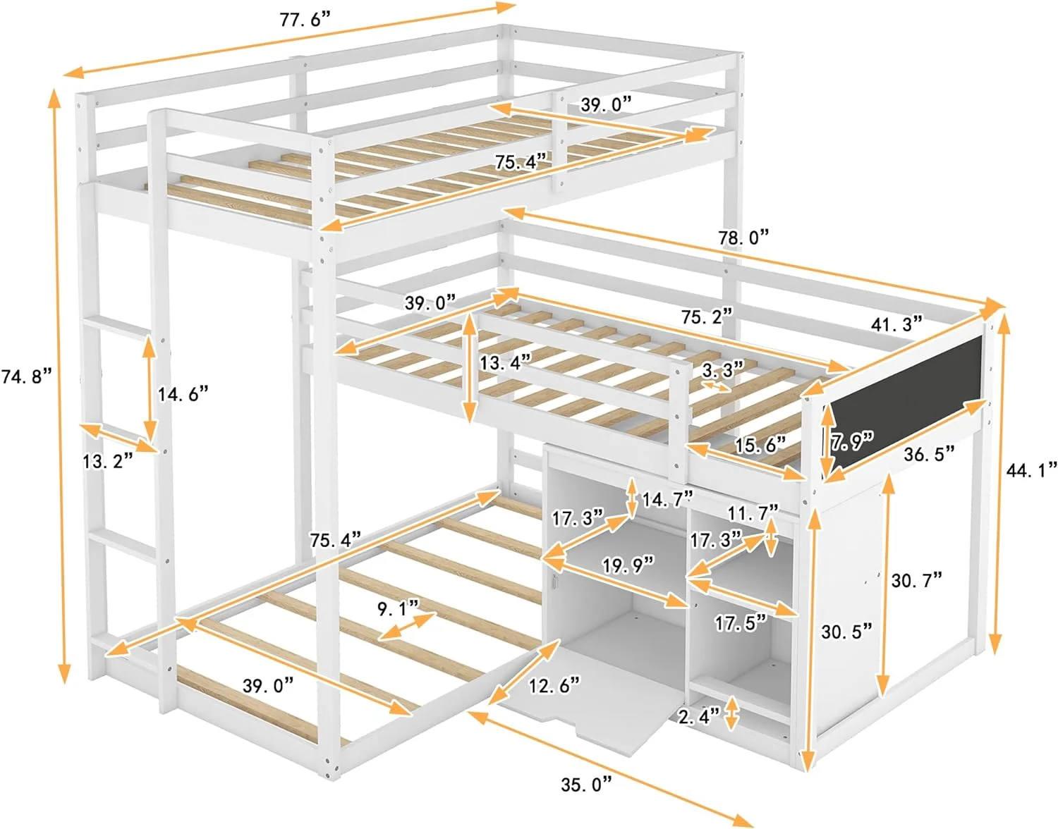 Size Triple Bunk Beds L-Shaped Bunk Beds With Cabinet, Blackboard And Ladder, 3 Bed In 1 Triple Bed Soli Wood Triple Bed For Kids And Teens (White)