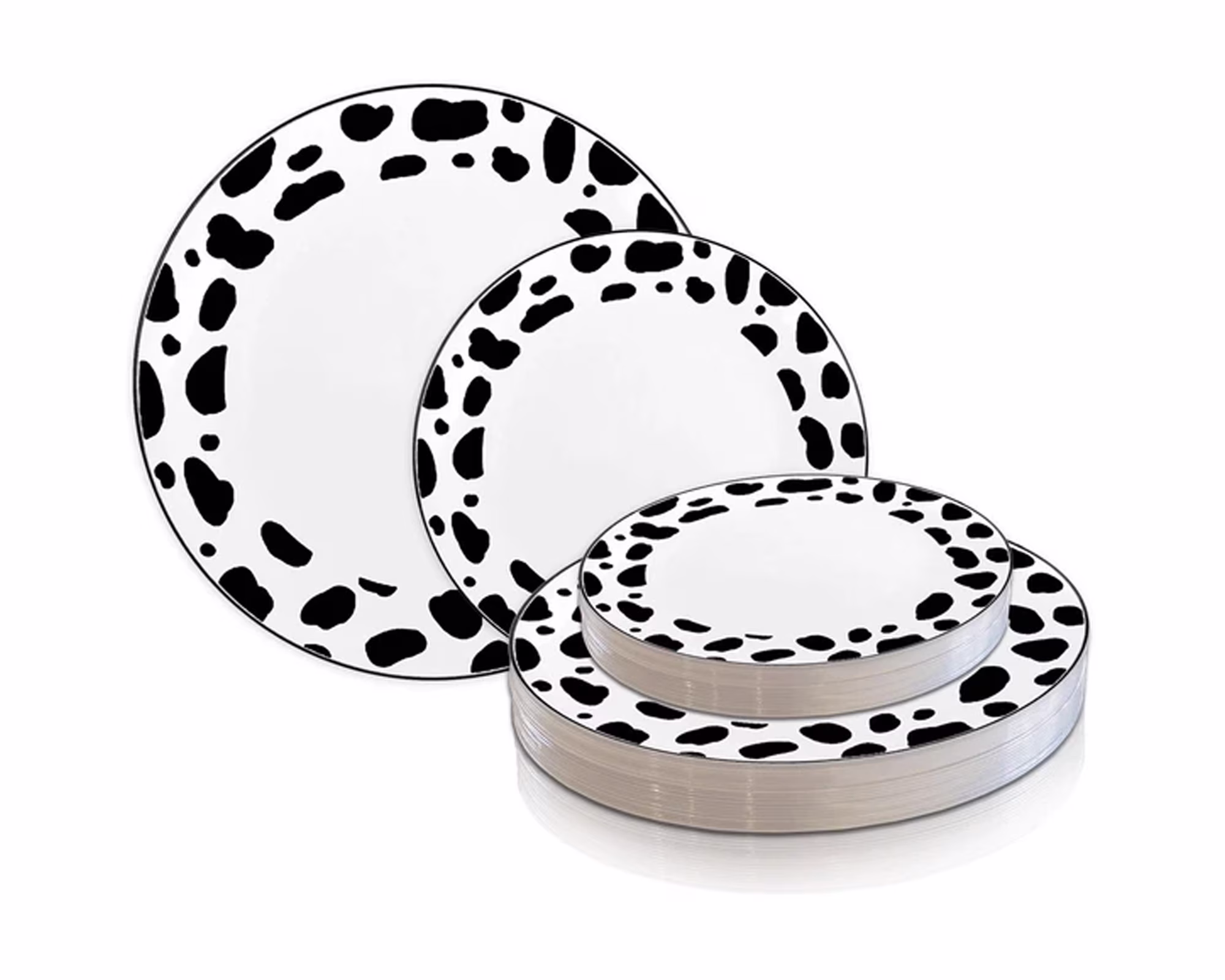 Smarty White with Black Dalmatian Spots Round Disposable Plastic Dinnerware Value Set 240ct