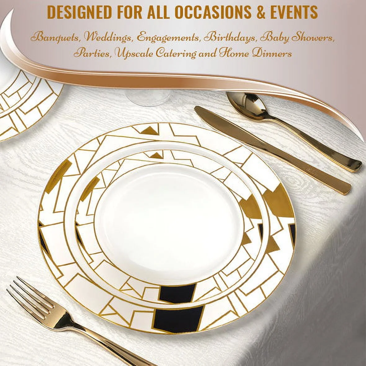 Samrty White with Black and Gold Abstract Squares Pattern Round Disposable Plastic Wedding Value Set, 720 ct