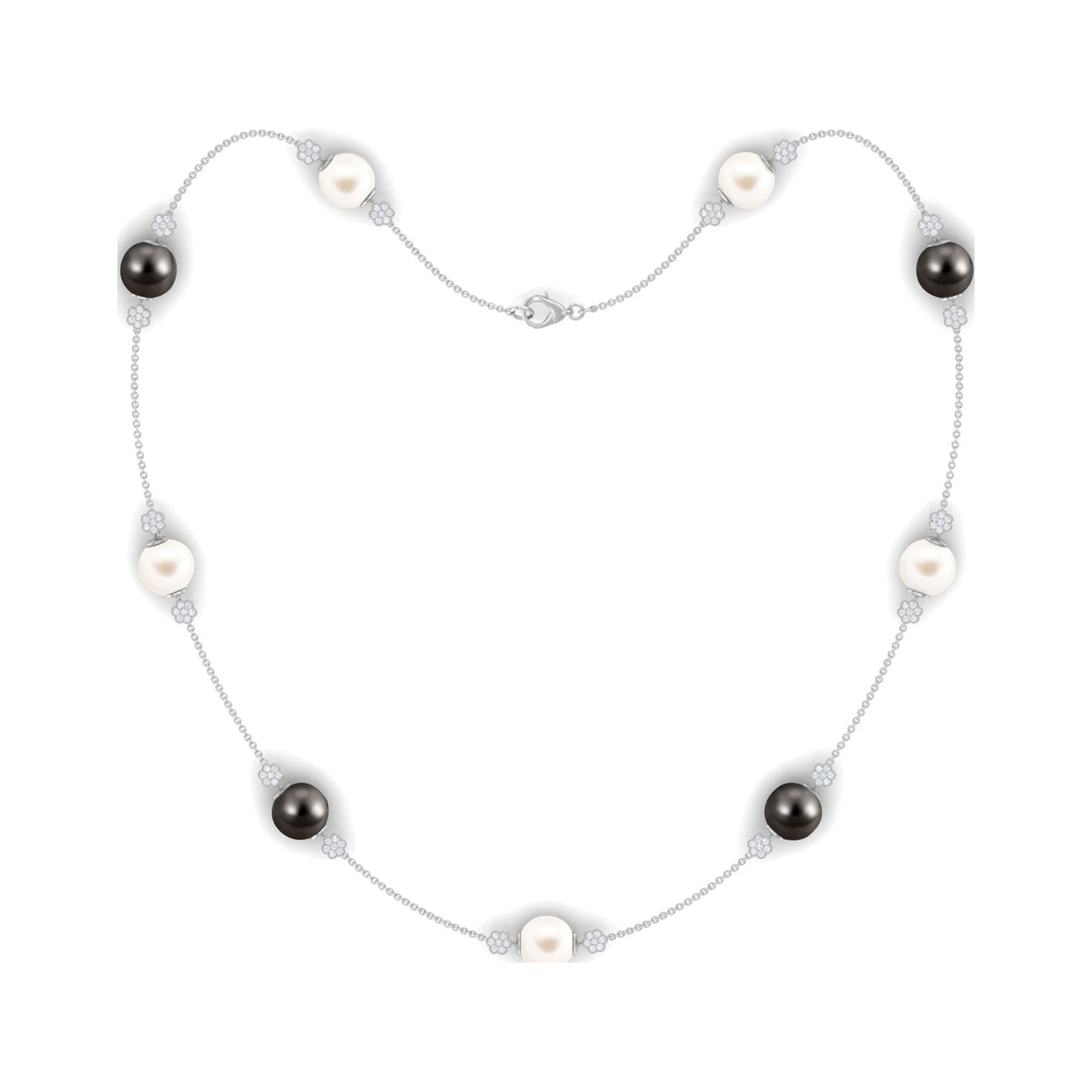 Black and White Pearl Chain Necklace with Moissanite, Nature Inspired Station Chain, 10K White Gold