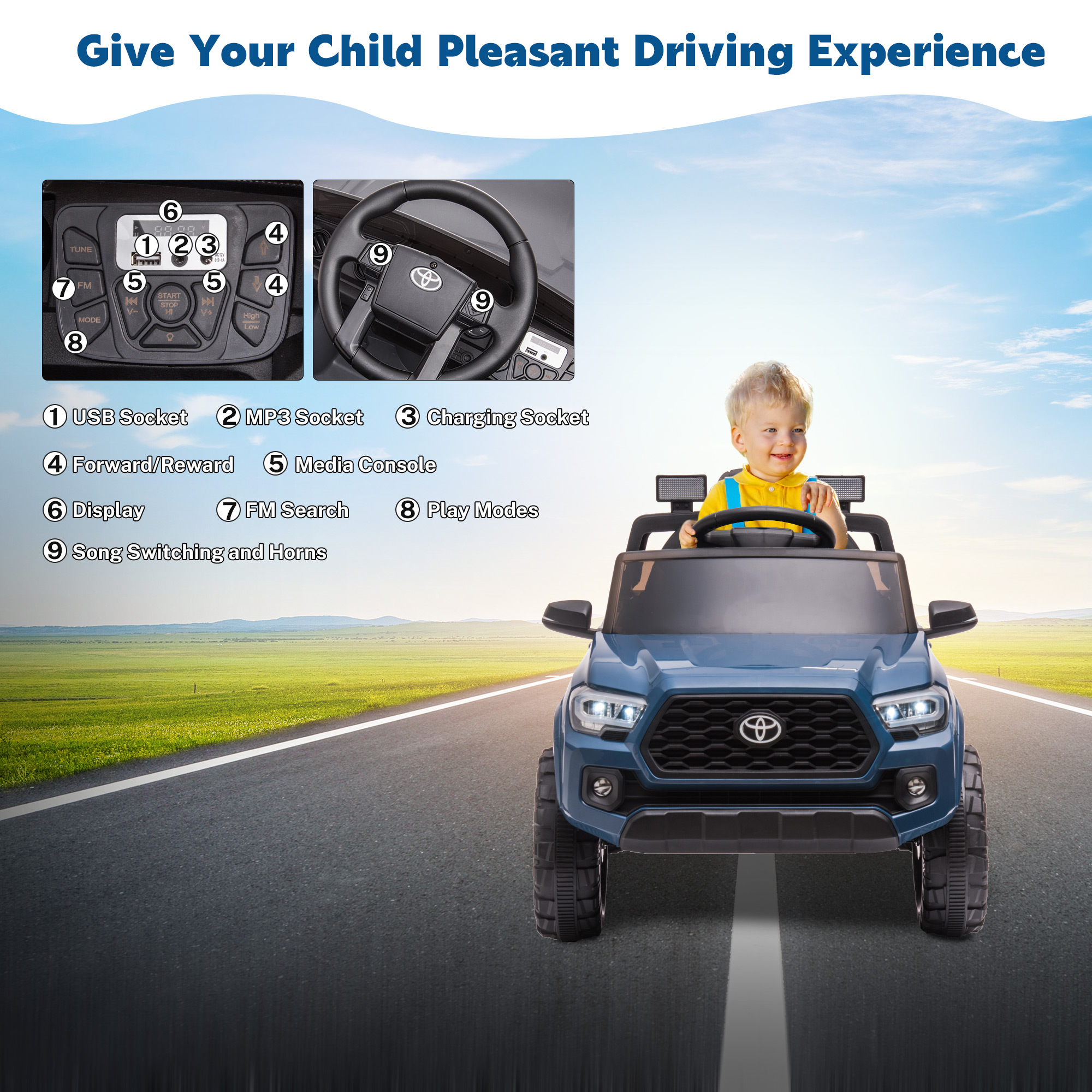 Ride On Kids Truck Car, Segmart Licensed Toyota Tacoma 12 Volt Electric 4 Tries Vehicle with Remote Control, 2 Speeds, 2 LED Headlights, Brakes and Gas Pedal, AUX, Blue, SS2630