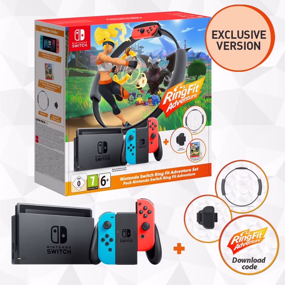 Nintendo Switch Exclusive Ring Fit Adventure & Neon Switch Console Bundle - Neon Red and Blue Joy-Con Switch Console, Dock, Ring Fit Full Game, Ring-Con, Leg Strap and Accessories
