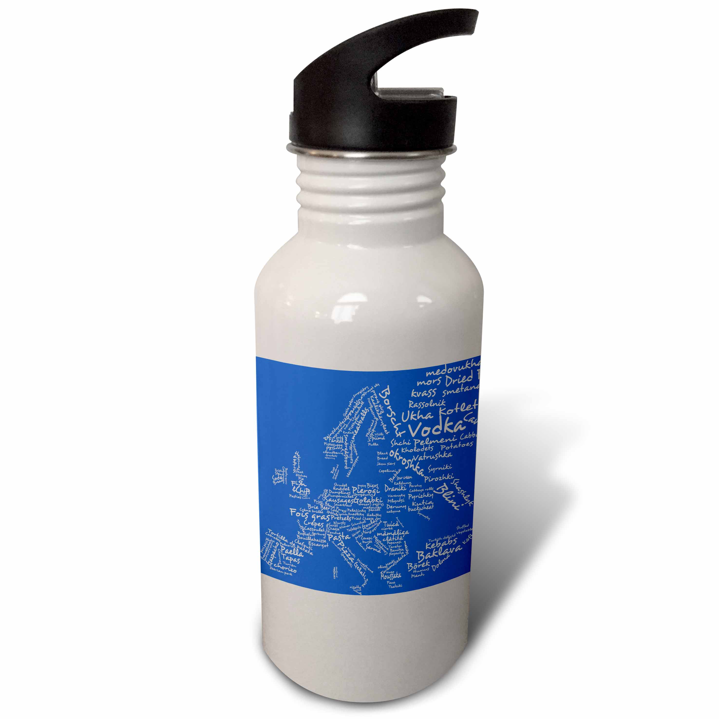 Blue Typography Food Map of Europe made from words of world foods unique to those countries 21 oz Sports Water Bottle wb-57517-1
