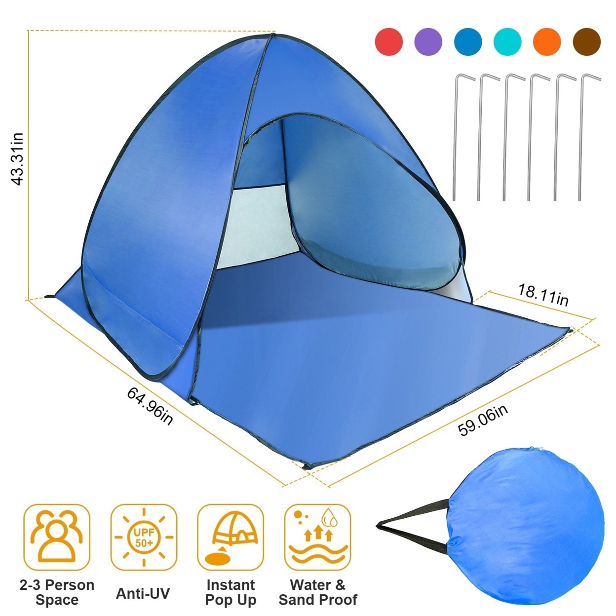 Pop Up Beach Tent Sun Shade Shelter Anti UV Automatic Waterproof Tent Canopy for 2 to 3 Man with Net Window Storage Bag