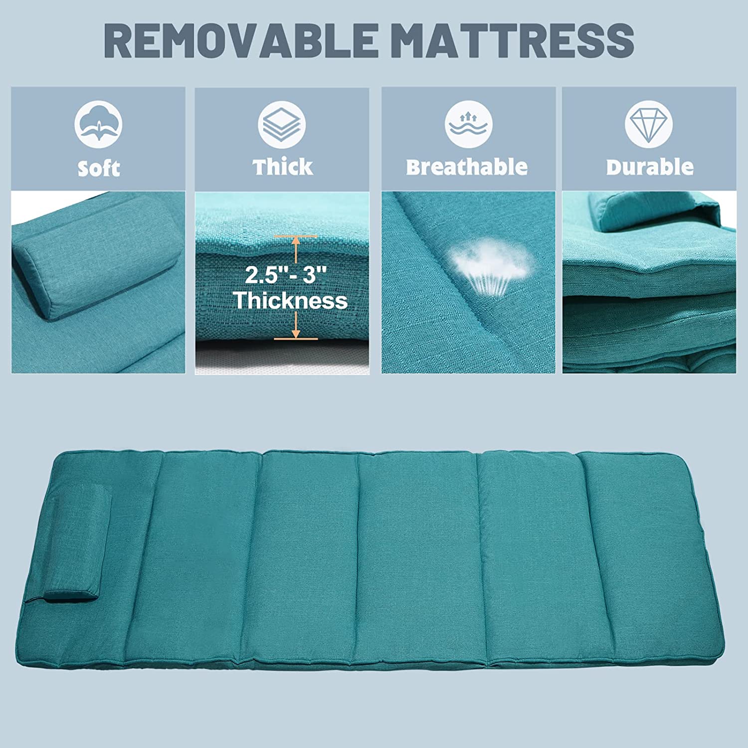 ABORON 3 in 1 Folding Bed Cot with Mattress & Pillow, Adjustable 6-Position Folding Lounge Chair, Portable Sleeping Cots Sofa Bed