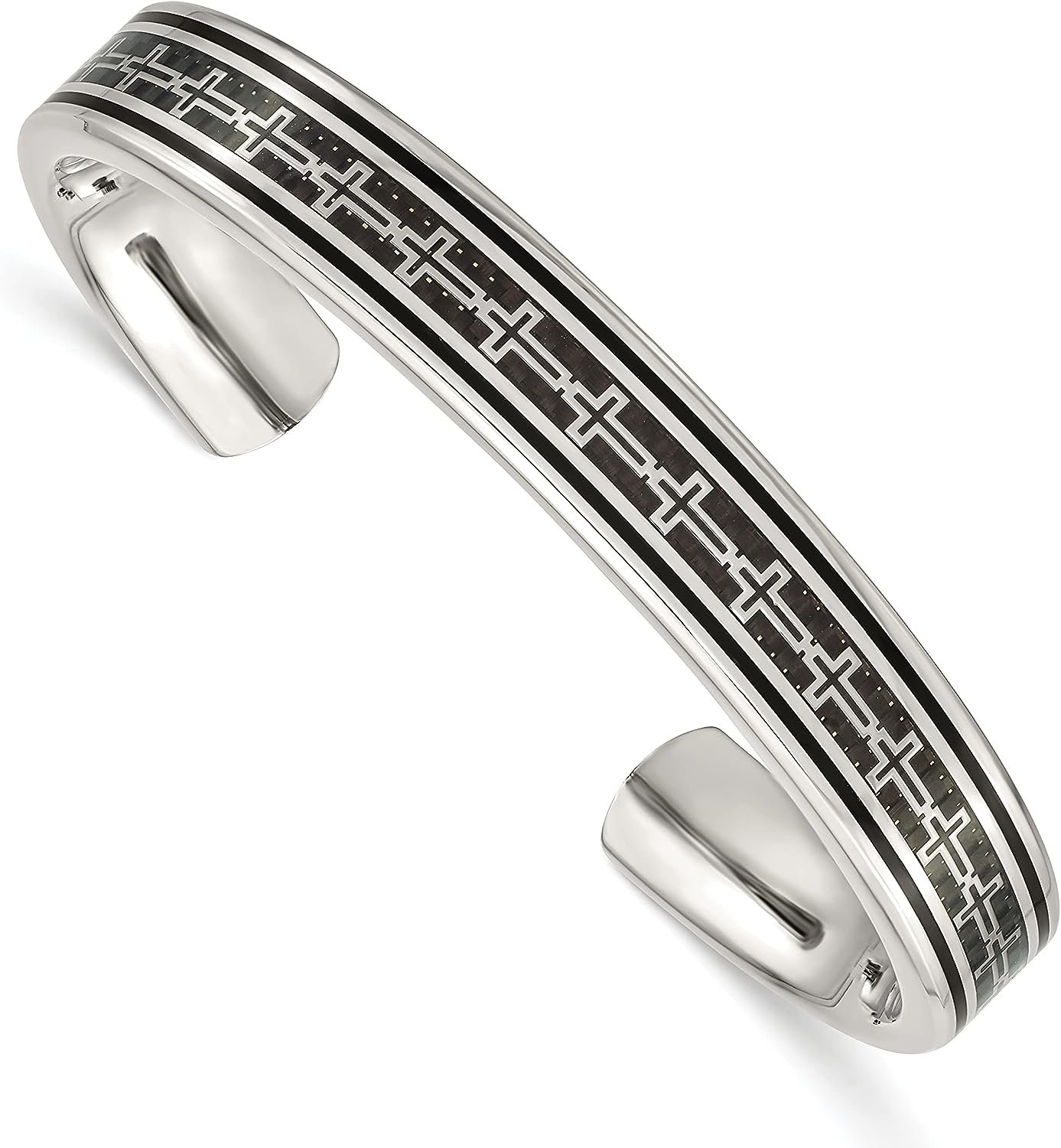 Chisel Stainless steel Polished Black IP-plated with Black Carbon Fiber Inlay Cross Design Cuff Bangle - 7