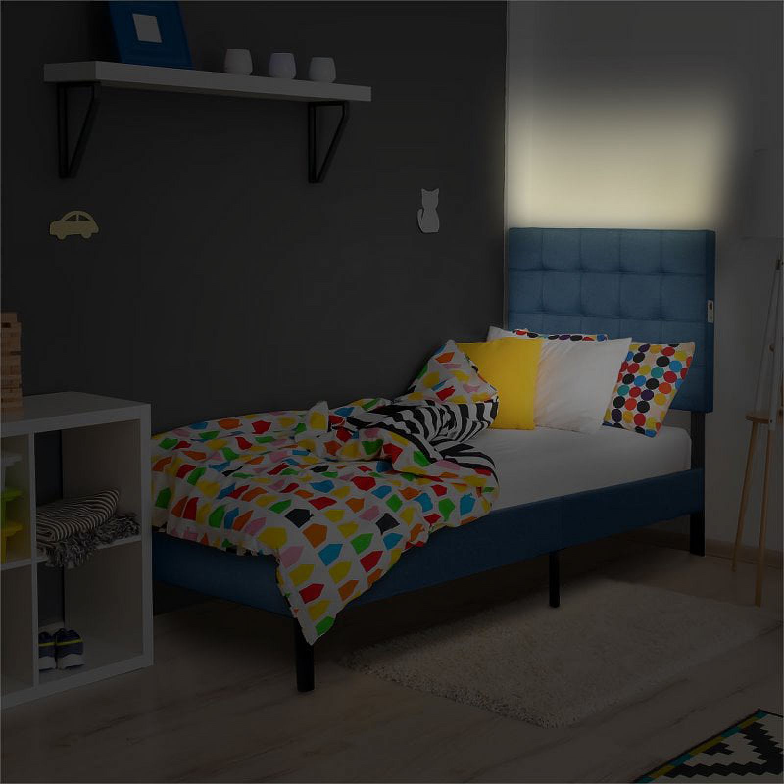 Pemberly Row Modern Fabric Tufted Twin LED Panel Bed in Dark Blue