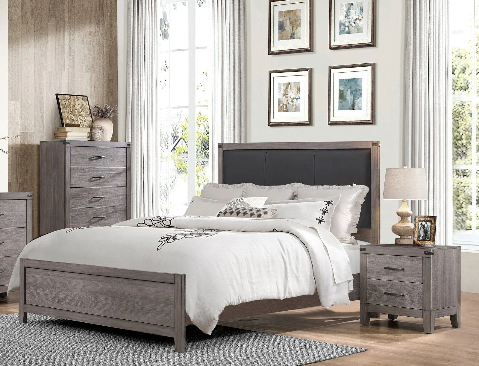 Bedroom Furniture 3pc Set Twin Size Bed Upholstered Headboard 2x Nightstands Brownish Gray Finish Casual Look Furniture