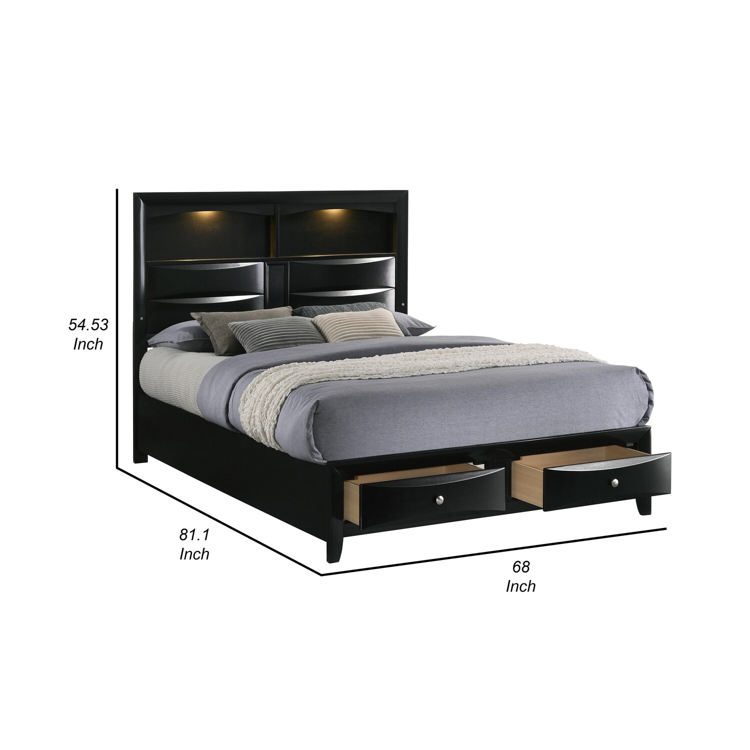 Benjara Flash Queen Size Bed, 2 Storage Drawers, Shelves, Black Wood, LED Headboard