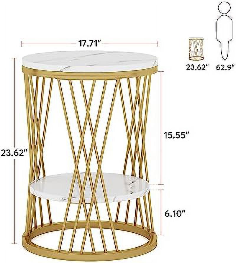 Round End Side Table  2 Tier Sofa Table with  Shelf  Modern White Gold Faux Marble Bedside Nightstand  Accent Table with Metal Frame for Living Room Bedroom