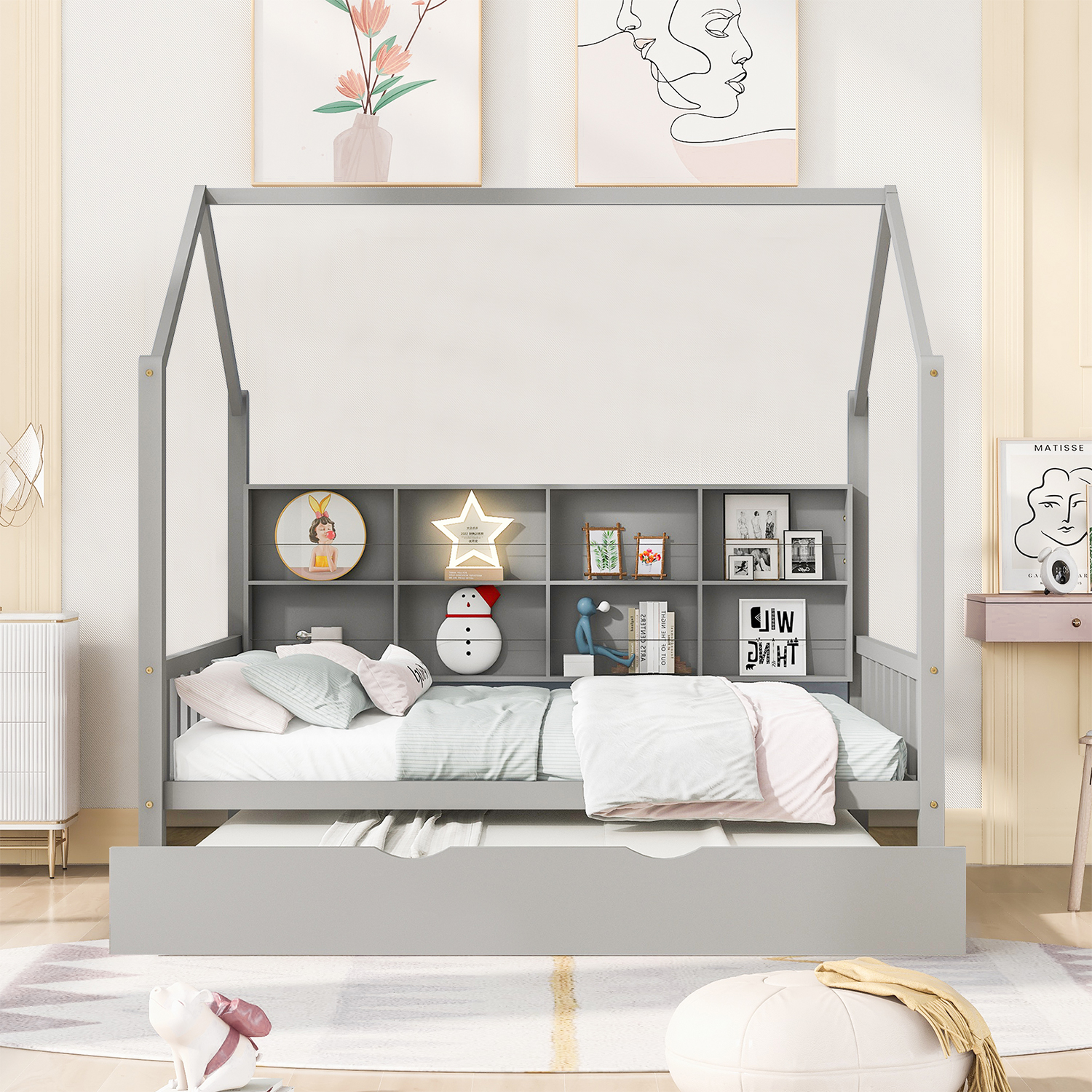 Full Size House Bed with Trundle， Canopy Bed with Bookcase