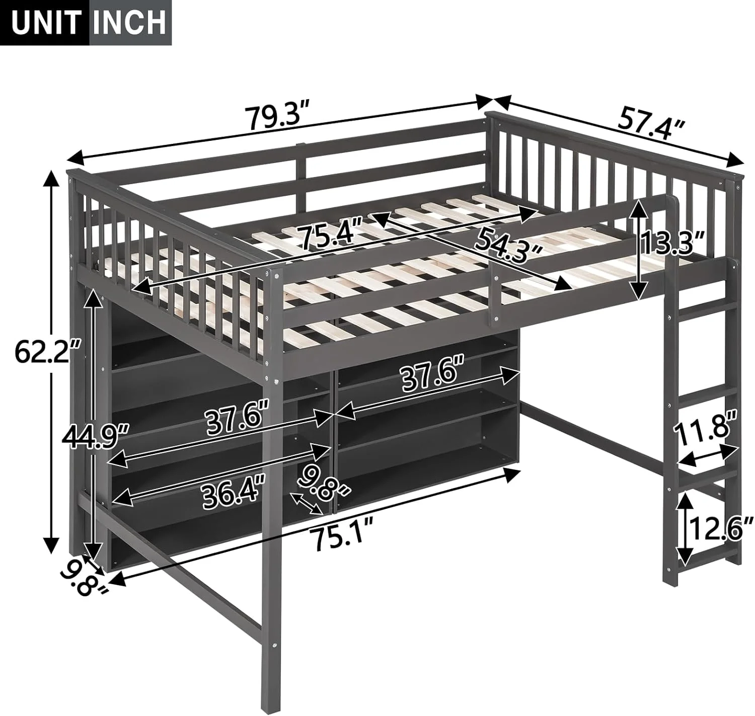 Full Size Loft Bed With Storage Shelves, Full Loft Bed With Built-In Bookcase, Wood Loft Bed Frame With Ladder For Dorm, Kids Boys Girls Teens, Gray