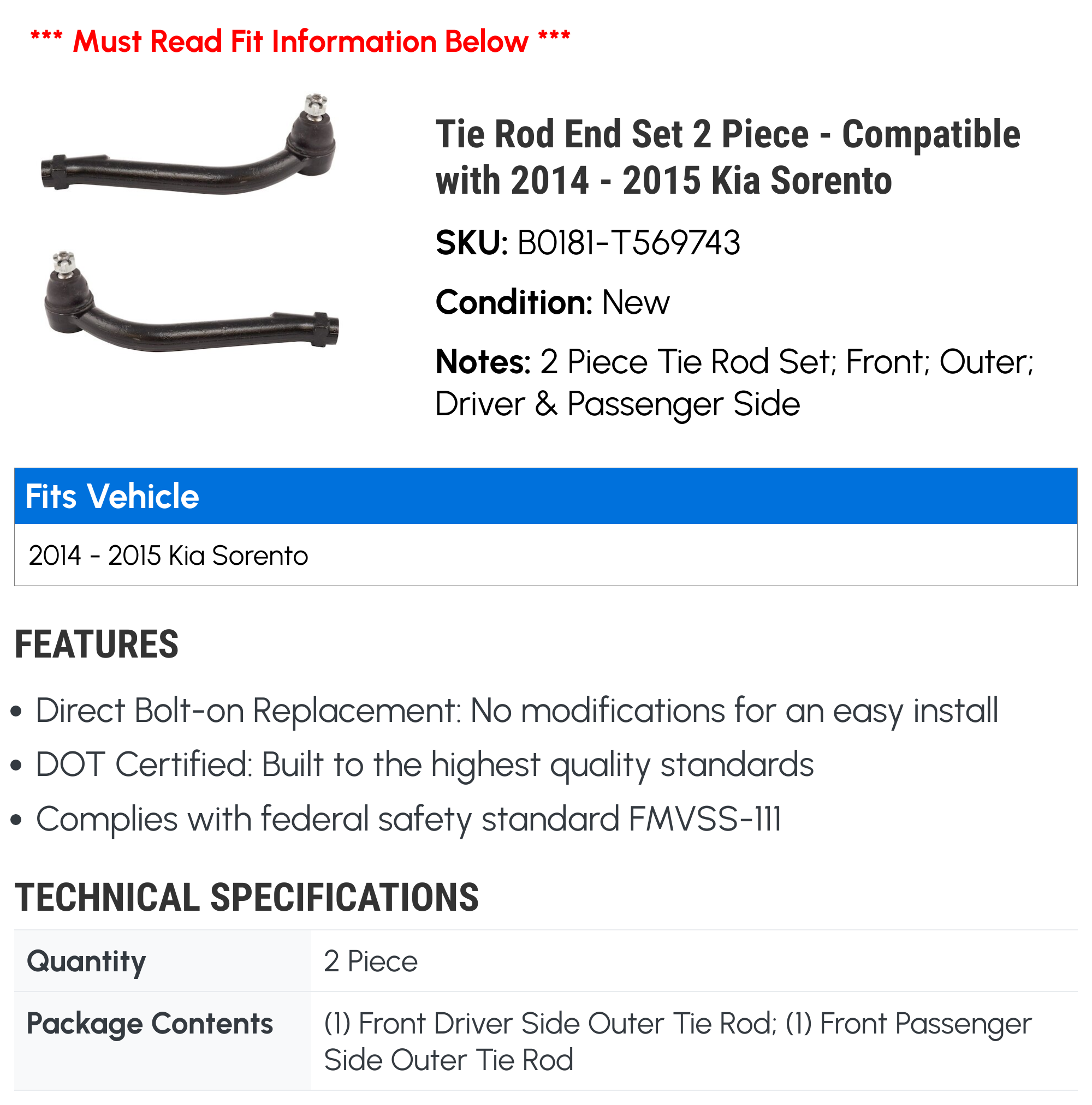 Tie Rod End Set 2 Piece - Compatible with 2014 - 2015 Kia Sorento