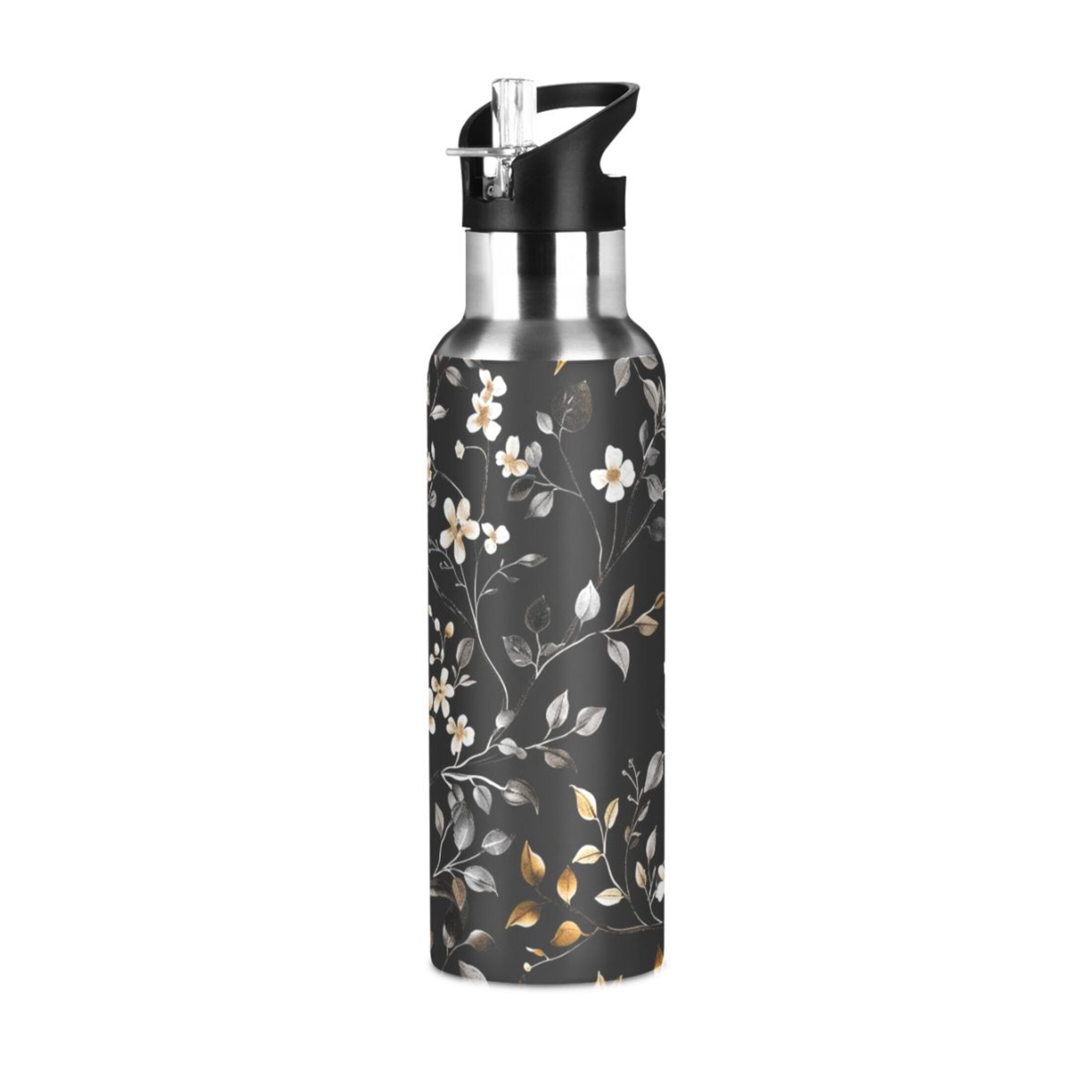 Flower on Black Water Bottles Insulated Thermos Kids Stainless Steel Bottle with Straw Lid Flask Leakproof for Sports Gym 20 oz