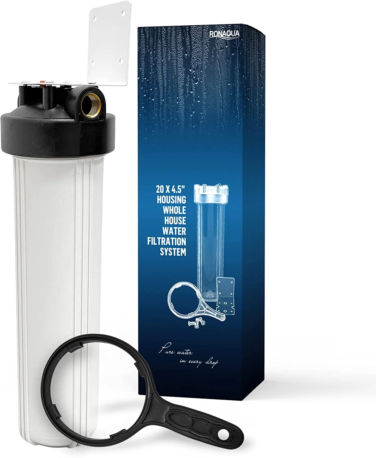 High Capacity 20 x 4.5” Whole House Filter Purifier System for Well or City Water, Presser Relief Button, 1” NPT Brass Port, Double O-ring, Meets NSF Standards & Regulations (White, 1 Set)