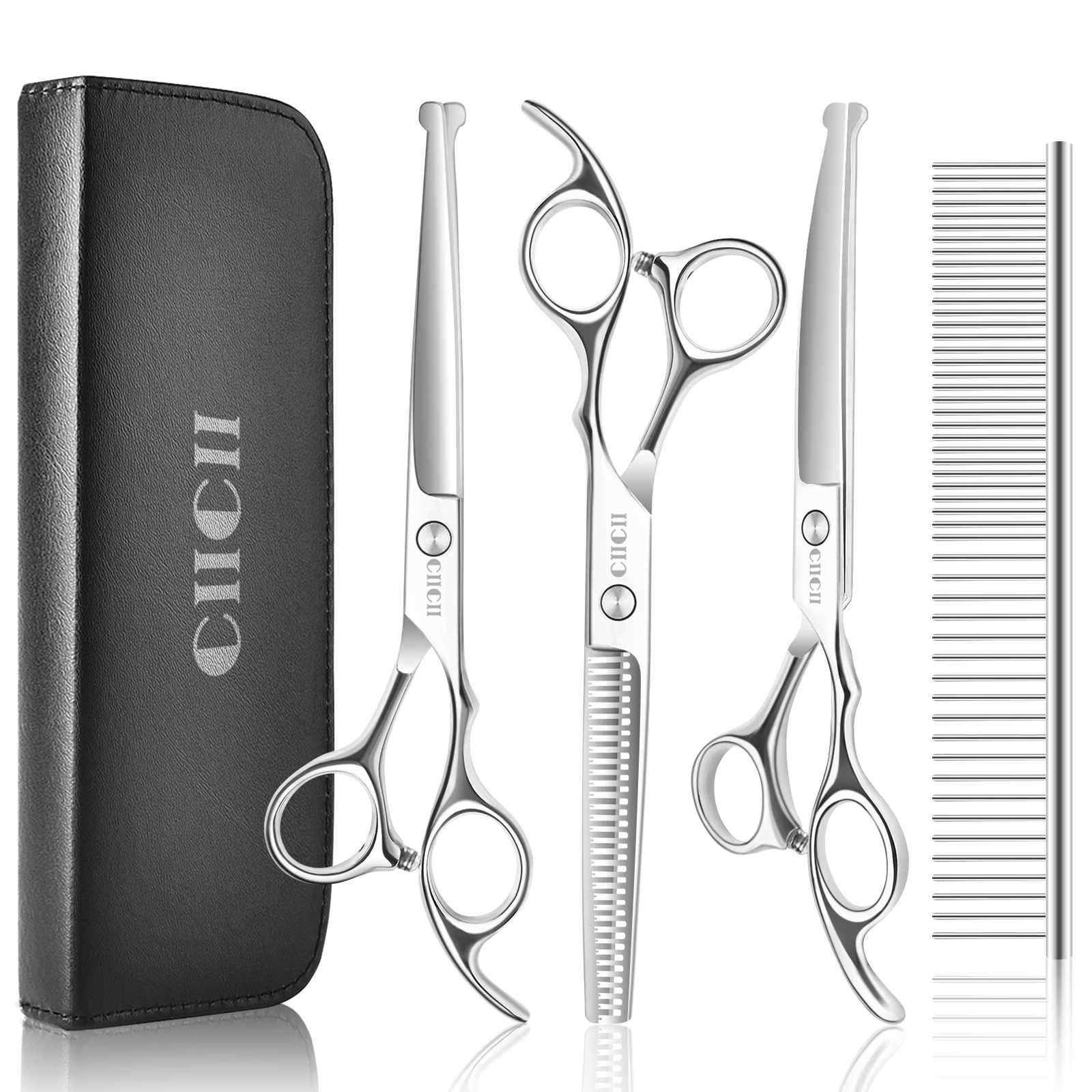 Dog Grooming Scissors Kit (Safety Round Tip), CIICII 6.5 Inch Professional Pet Grooming Scissors Set (Dog/Cat Hair Thinning Trimming Cutting Shears) with Curved Scissors for DIY Home Salon (Silver)