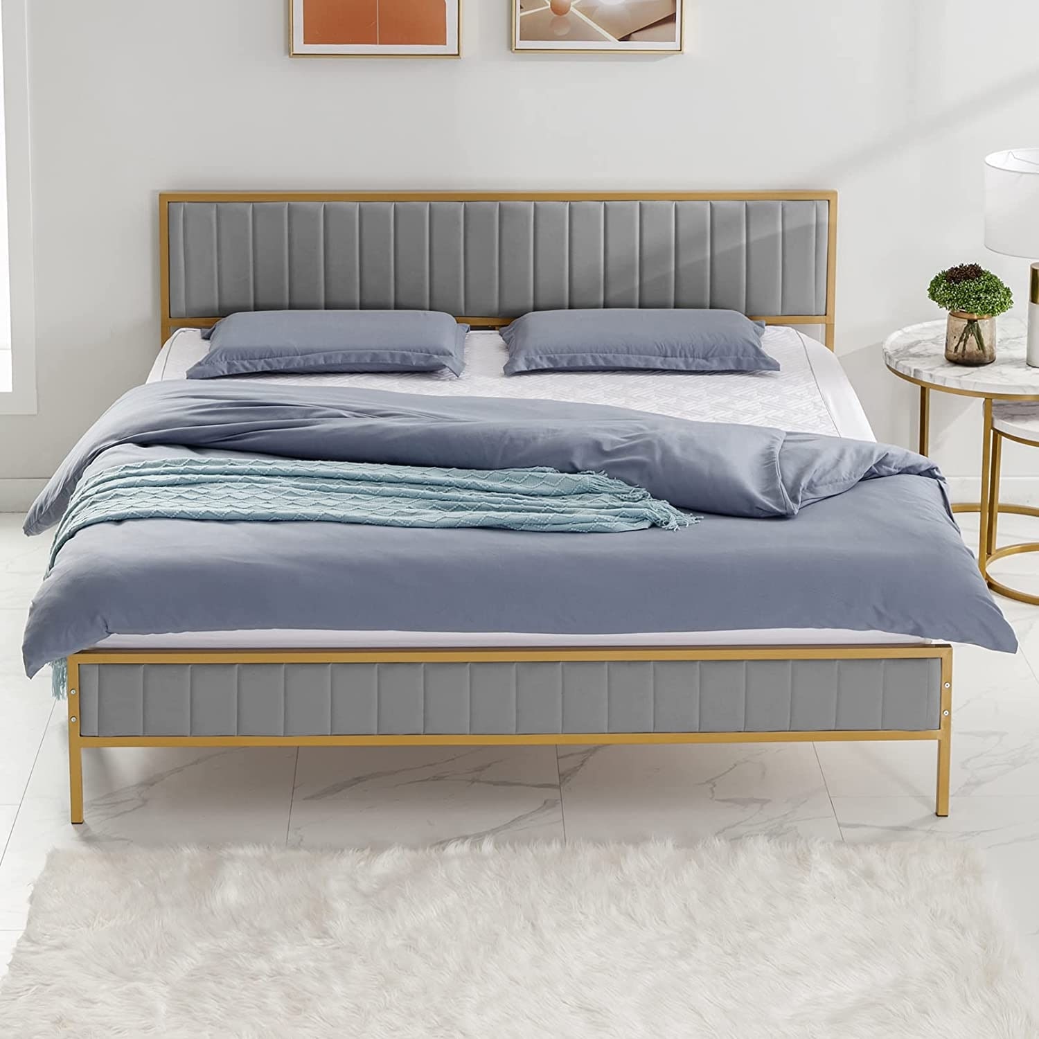 Mixoy Bed Frame,Bedroom Furniture,Dutch Velvet,Upholstered Bed Frame with Channel Tufted Headboard Light Grey - King