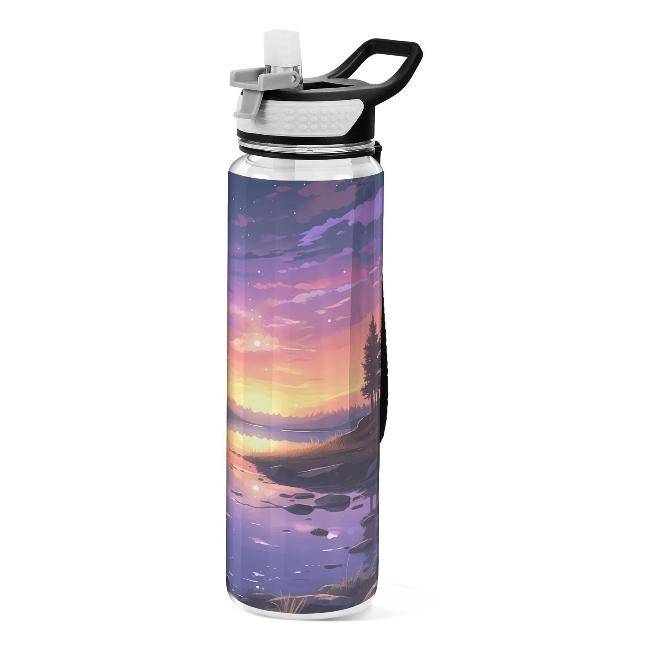 Sea with Trees in Sunset 32oz Water Bottles with Straw Tritan Leakproof Sports Bottle BPA Free Clear for Fitness Gym Swimming Cycling